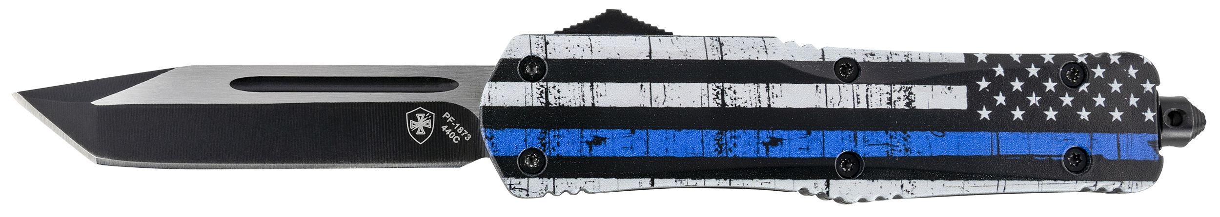 Templar Knife LBTB231 Gen II Back The Blue Large 3.50" OTF Tanto Plain Black Oxide Stonewashed 440C SS Blade, 5.25" Black & White w/Blue Line Aluminum Handle, Glass Breaker