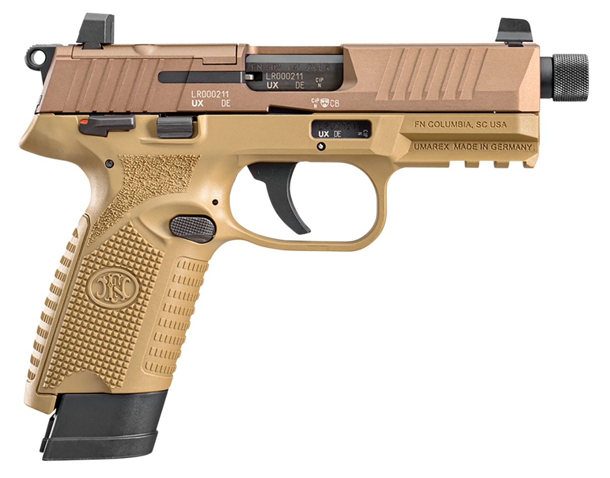 FN 66101006 502 Tactical 22 LR 10+1/15+1, 4.60" Black Steel Threaded Barrel, Flat Dark Earth Optic Ready/Serrated Slide & Polymer Frame w/Picatinny Rail, FDE Textured Polymer Grip, Ambidextrous