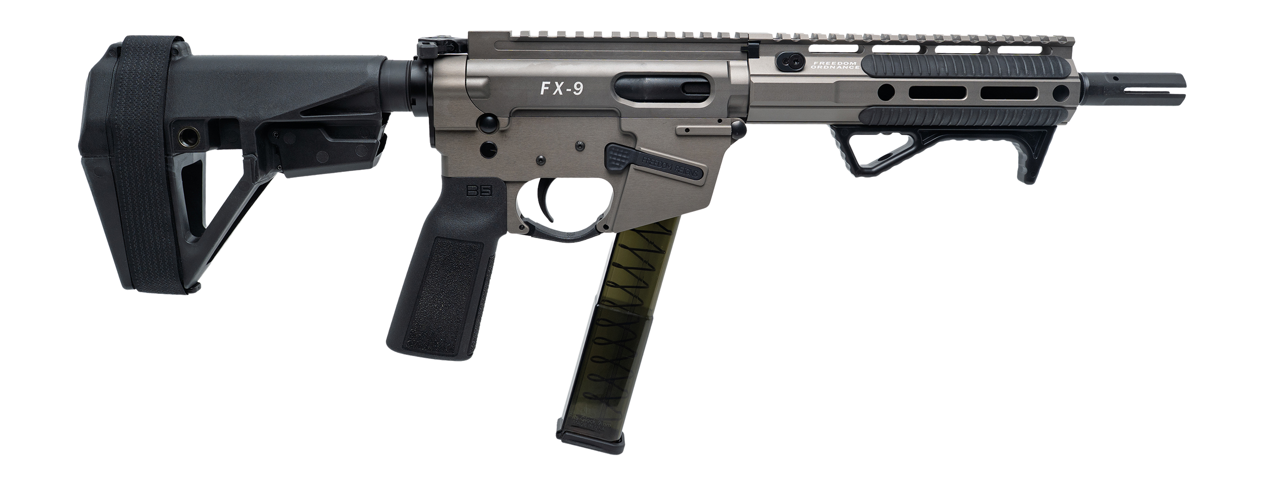 Freedom Ordance FX9P8E-FDE FX9P Elite 9mm Luger 8" Black Nitride Threaded Barrel, Flat Dark Earth Anodized Aluminum Receiver w/Picatinny Rail, M-LOK Handguard, Black Polymer SB Tactical SBA5 Brace, Bl