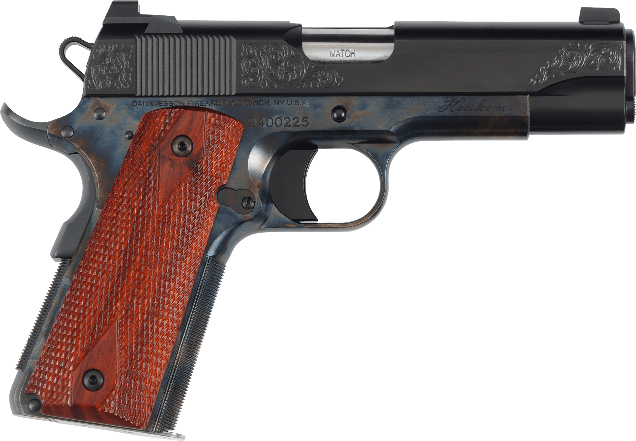 Dan Wesson 01779 Heirloom 2024 45 ACP 8+1 4.25" Stainless Steel Barrel, Blued Serrated Carbon Steel Slide, Black Steel Frame w/Beavertail, Cocobolo Grip