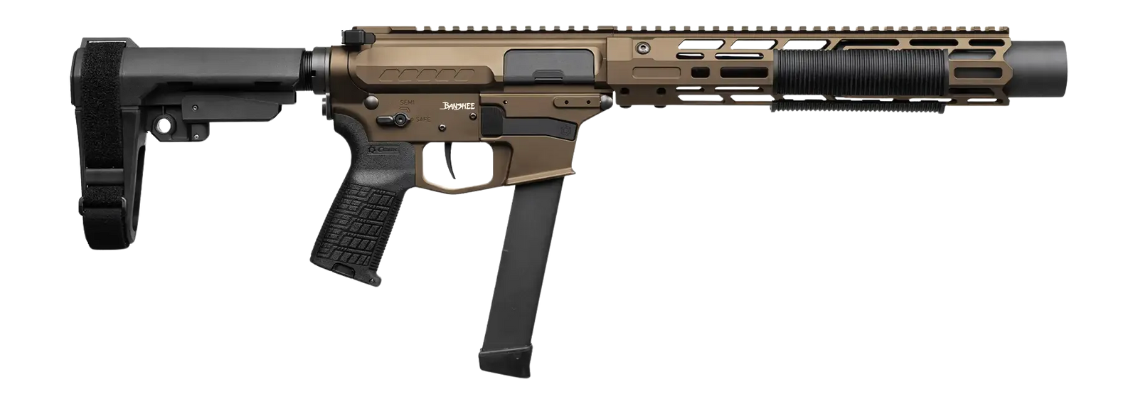 CMMG 99A6832-MB Zeroed Banshee MkGs 9mm Luger 33+1 6.50" Black Nitride Threaded Barrel, Midnight Bronze Cerakote Aluminum Receiver w/Picatinny Rail, M-LOK Handguard, Black Polymer CMMG RipBrace, CMMG