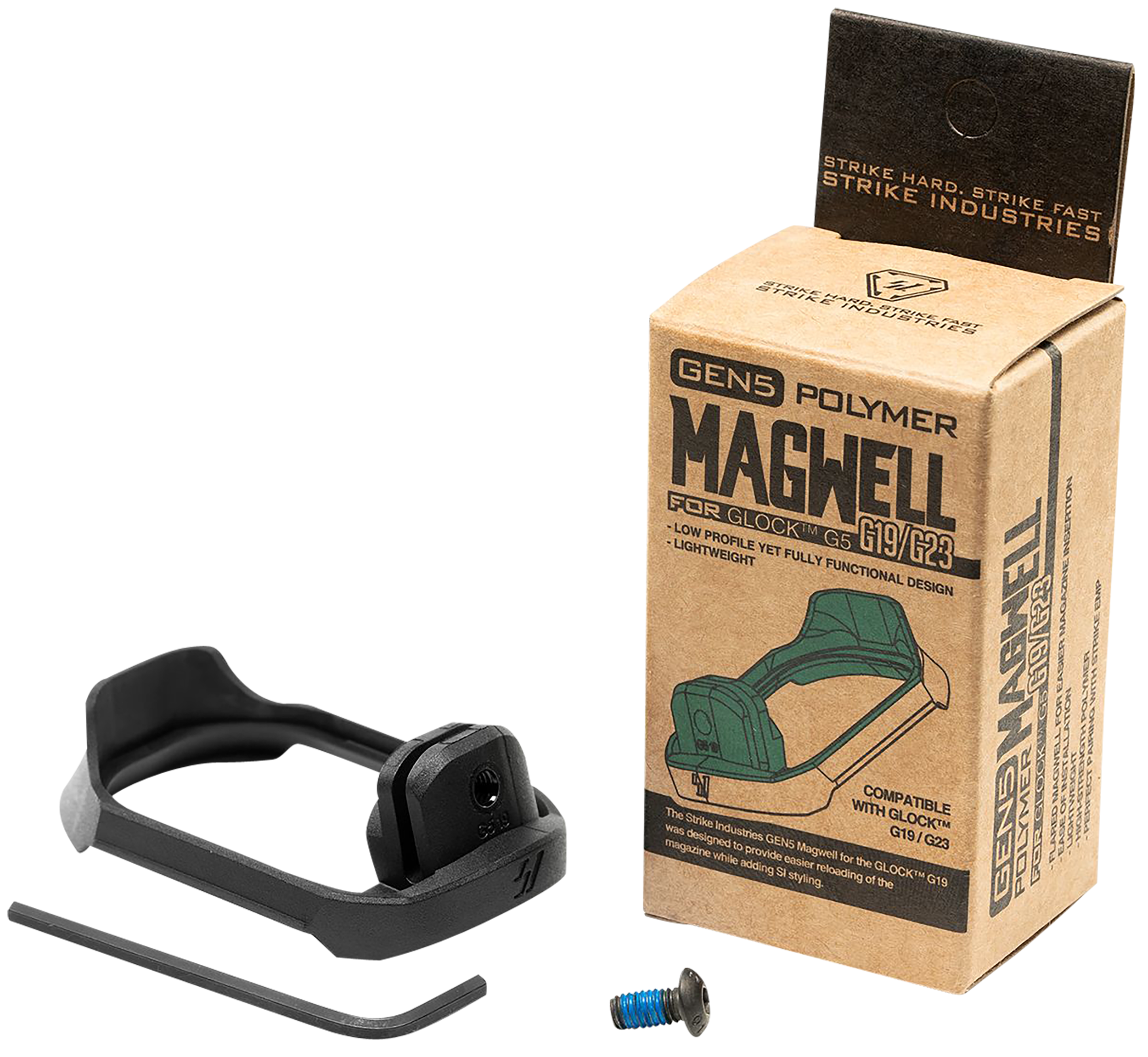 Strike Industries G5MAGWELL19 Flared Magwell 9mm Luger/40 S&W Compatible w/Glock 19/23 Gen5, Black Polymer
