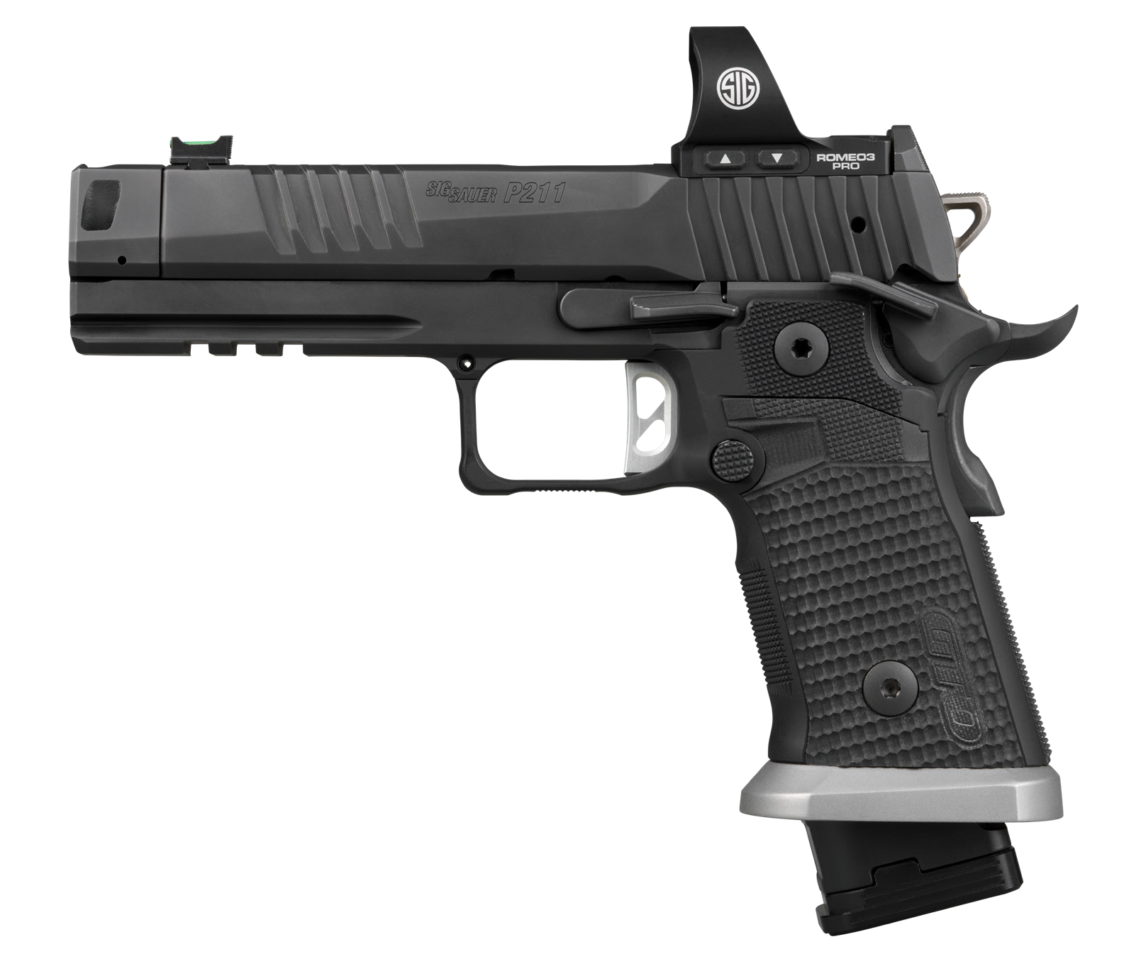 Sig Sauer  P211 GTO w/Optic 9mm Luger 23+1 4.40" Bull Barrel, Black Nitron Stainless Steel Serrated w/Optic Slide & Frame w/Beavertail & Picatinny Rail, Black G10 Grip, Sig ROMEO3 PRO Red Dot, Ambidex