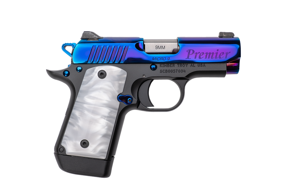 KIMBER MICRO 9 BLUE RAINBOW 9MM PISTOL 3.15" RAINBOW PVD, PEARL KIRNITE GRIP 1-7RD MAG