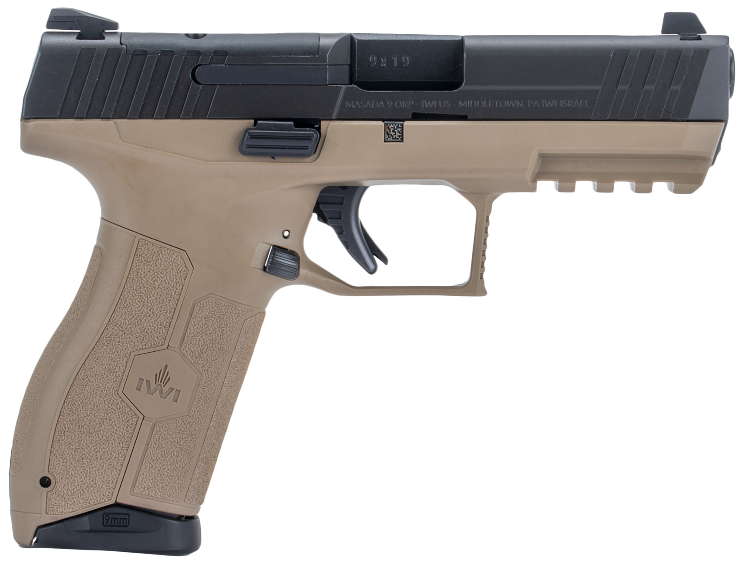 IWI US M9ORP10FDNS MASADA  Full Size 9mm Luger 10+1, 4.10" Black Button Rifled Steel Barrel, Black Optic Ready/Serrated Steel Slide, Flat Dark Earth Polymer Frame w/Picatinny Rail, Ambidextrous