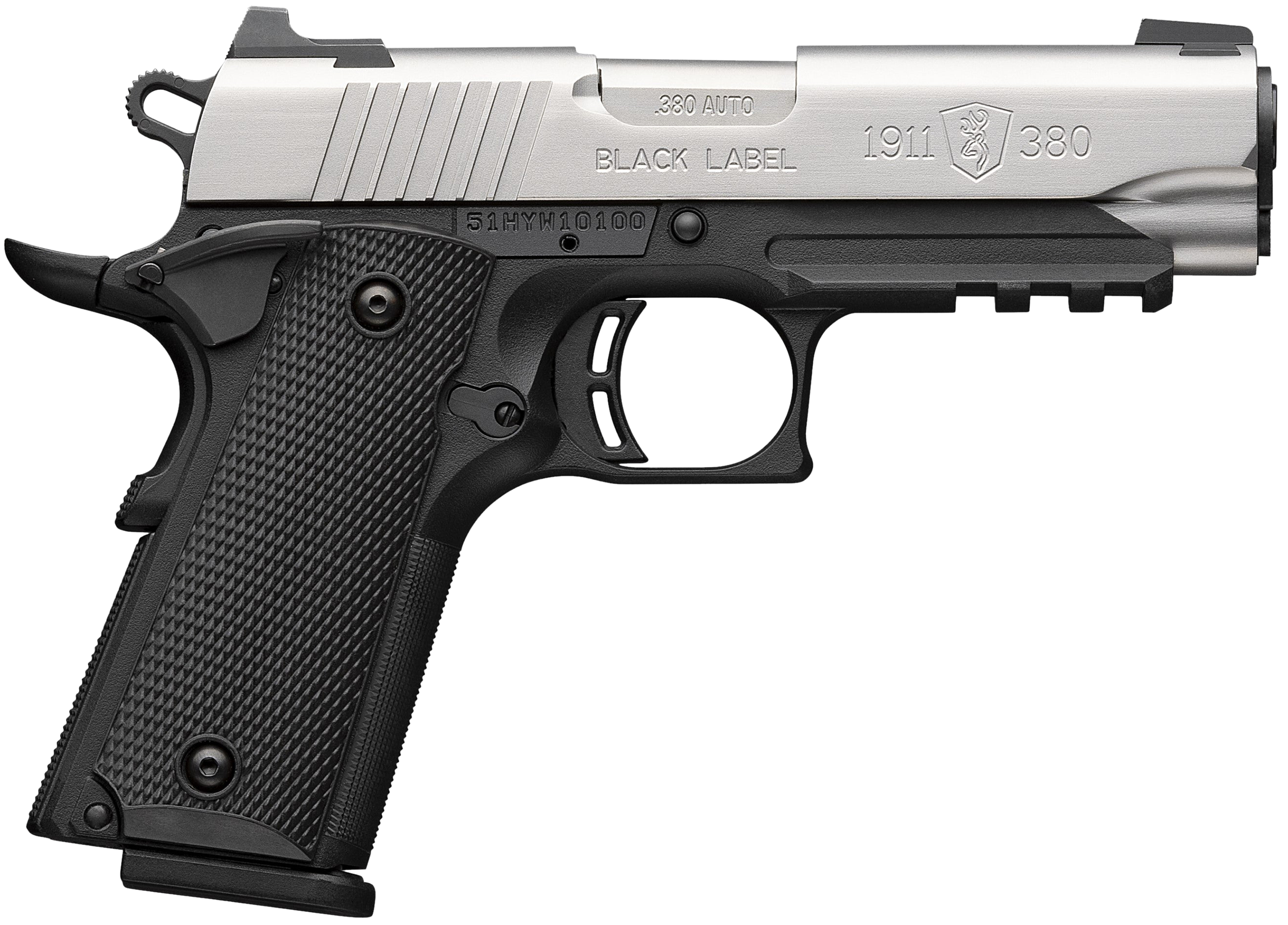 Browning 051121492 1911 Black Label Compact 380 ACP 8+1 3.63" Stainless Steel Barrel, Satin Stainless Steel Serrated Slide, Matte Black Polymer Frame w/Picatinny Rail, Black Polymer Grip