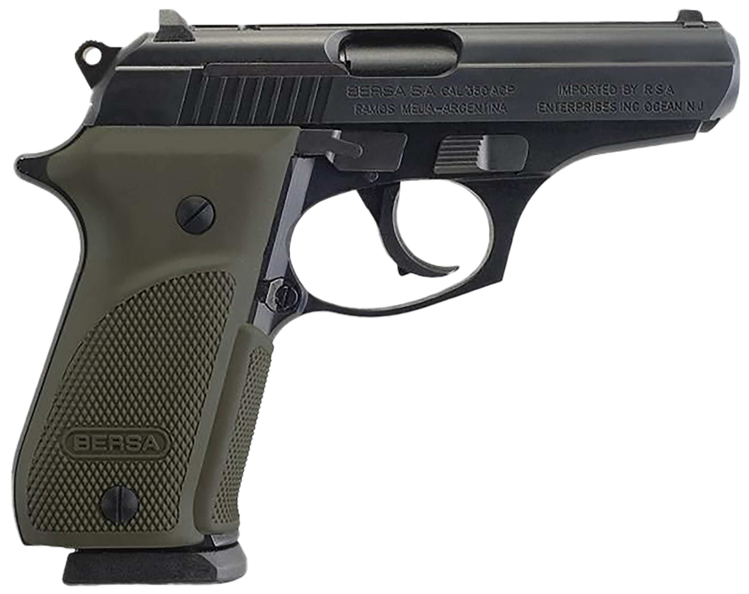 Bersa T380PMC Thunder Combat Sub-Compact Frame 380 ACP 15+1, 3.50" Black Steel Barrel, Matte Black Serrated Steel Slide & Aluminum Frame w/Beavertail, Olive Wrap-Around Grip