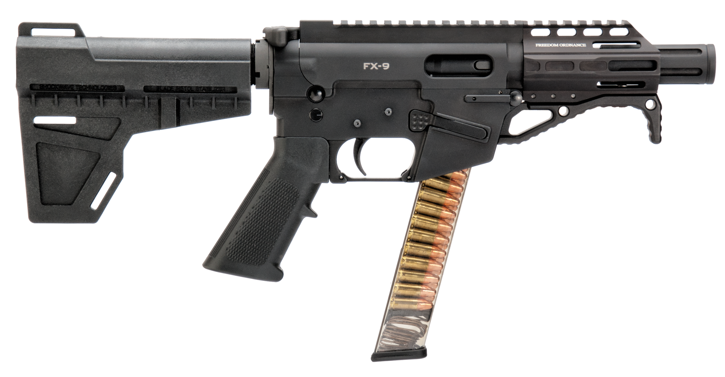 Freedom Ordnance FX9P4 FX-9  9mm Luger 31+1 4.50" Black Nitride Chromoly Steel Barrel Black Hard Coat Anodized Black KAK Shockwave Pistol Brace Black Polymer Grips Right Hand