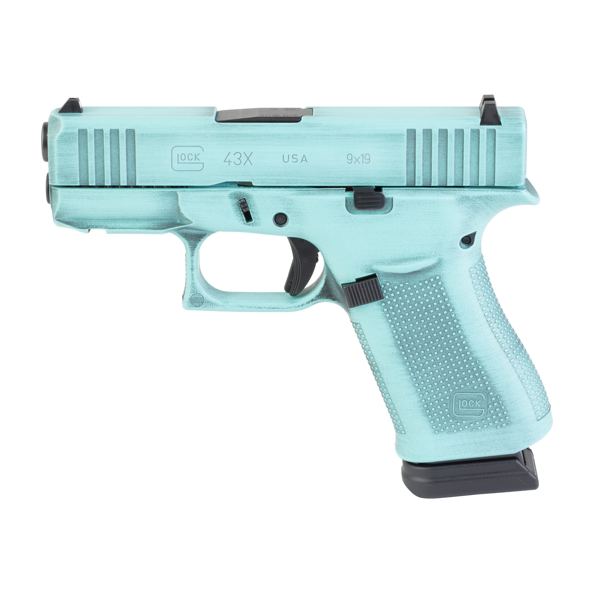 Glock G43X 9mm 3.41" 15rd Robins Egg Blue Battle Worn Pistol