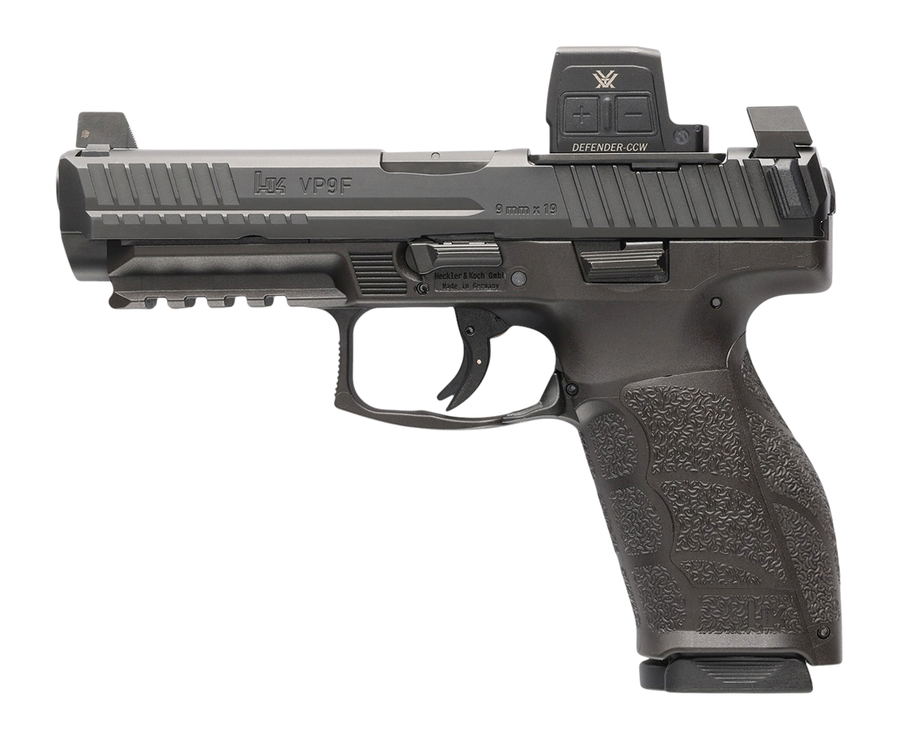 HK 81001351 VP9A1 F w/Optic 9mm Luger 15+1 4.53" Black Barrel & Steel Serrated w/Optic Slide, Black Polymer Frame w/Picatinny Rail, Textured Grip, Vortex CCW