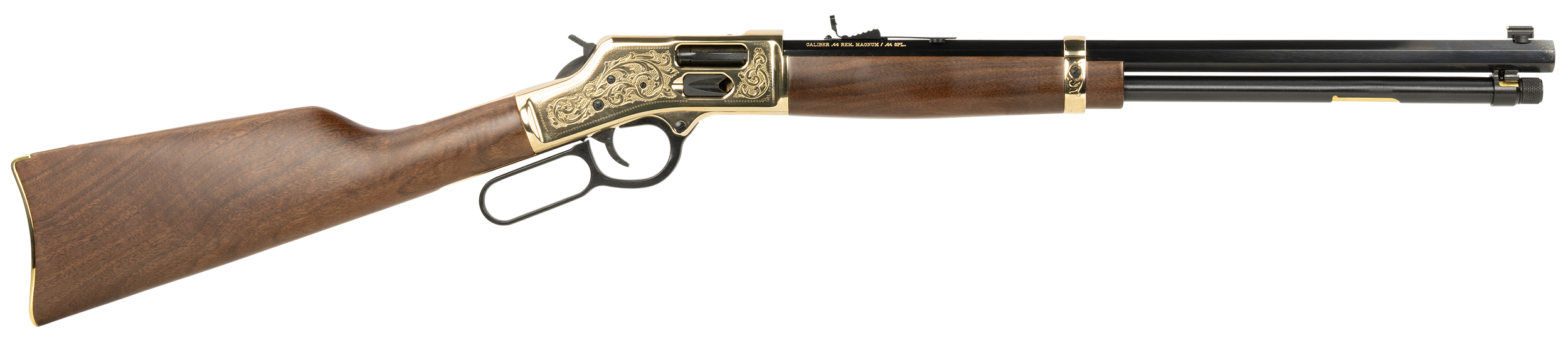 Henry H006GD Side Gate Deluxe 44 Mag/44 Special 10+1 20" Blued Octagon Barrel, Engraved Polished Brass Rec, Semi-Fancy American Walnut Stock, Adj. Sight