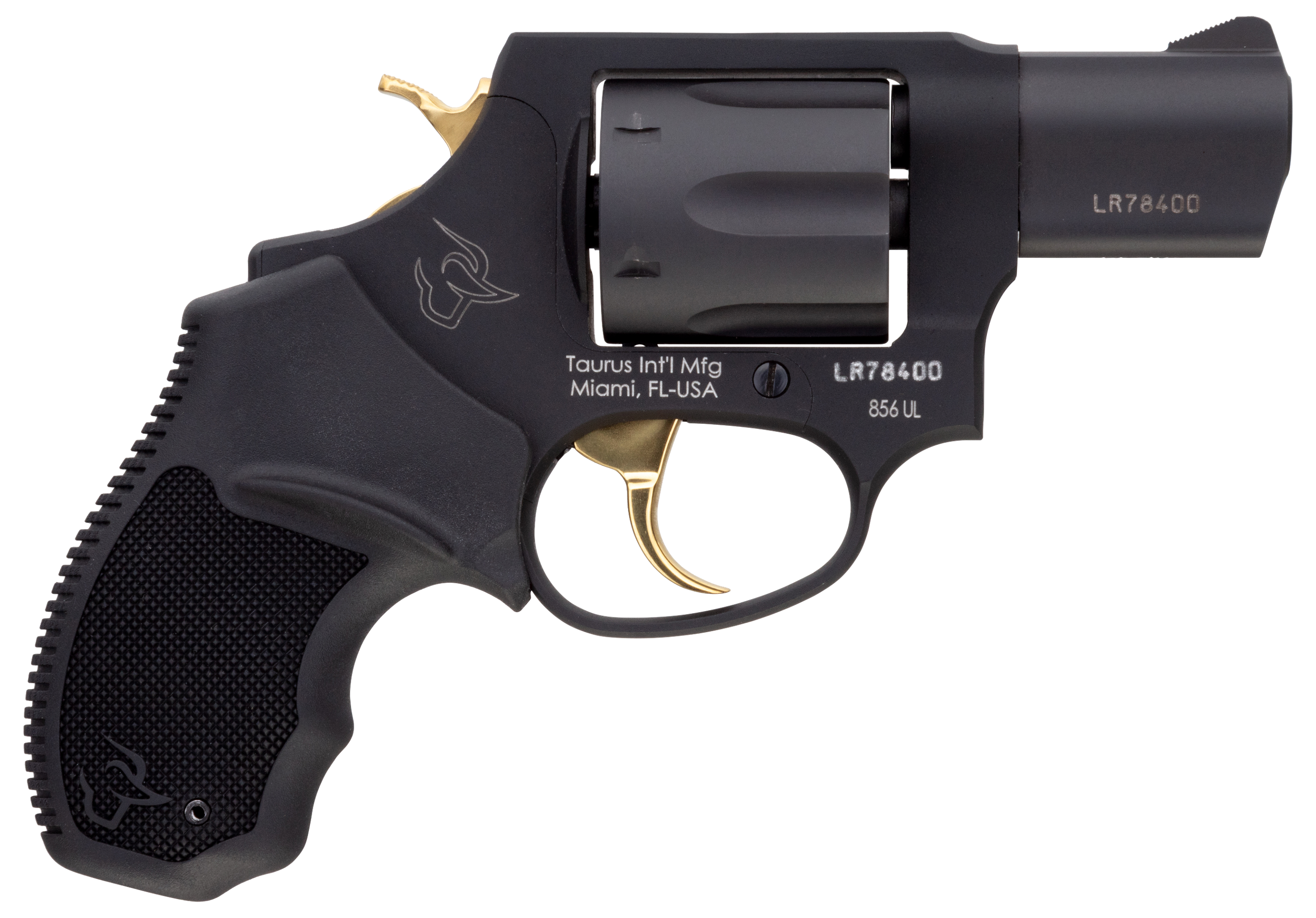Taurus 2-856021ULGLD 856 Ultra-Lite 38 Special Caliber with 2" Barrel, 6rd Capacity Cylinder, Overall Matte Black Metal Finish, Gold Trigger/Hammer Frame & Finger Grooved Black Rubber Grip