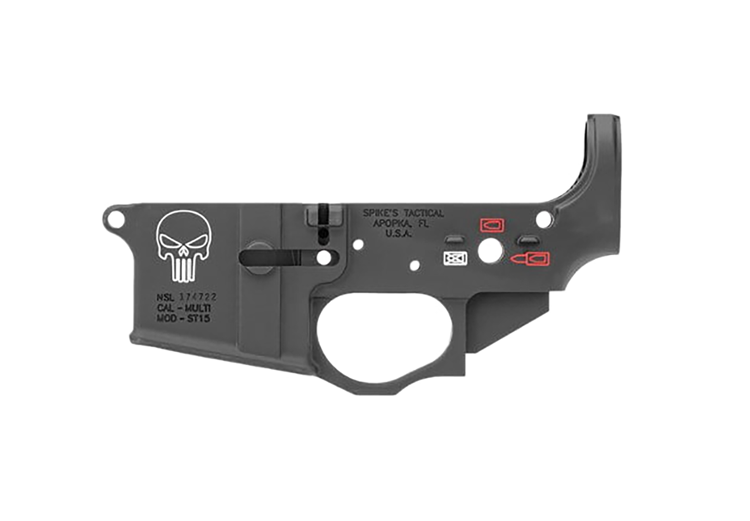 Spikes Tactical STLS015CFA Punisher Stripped Lower Receiver Multi-Caliber 7075-T6 Aluminum Black Anodized with Color Fill for AR-15