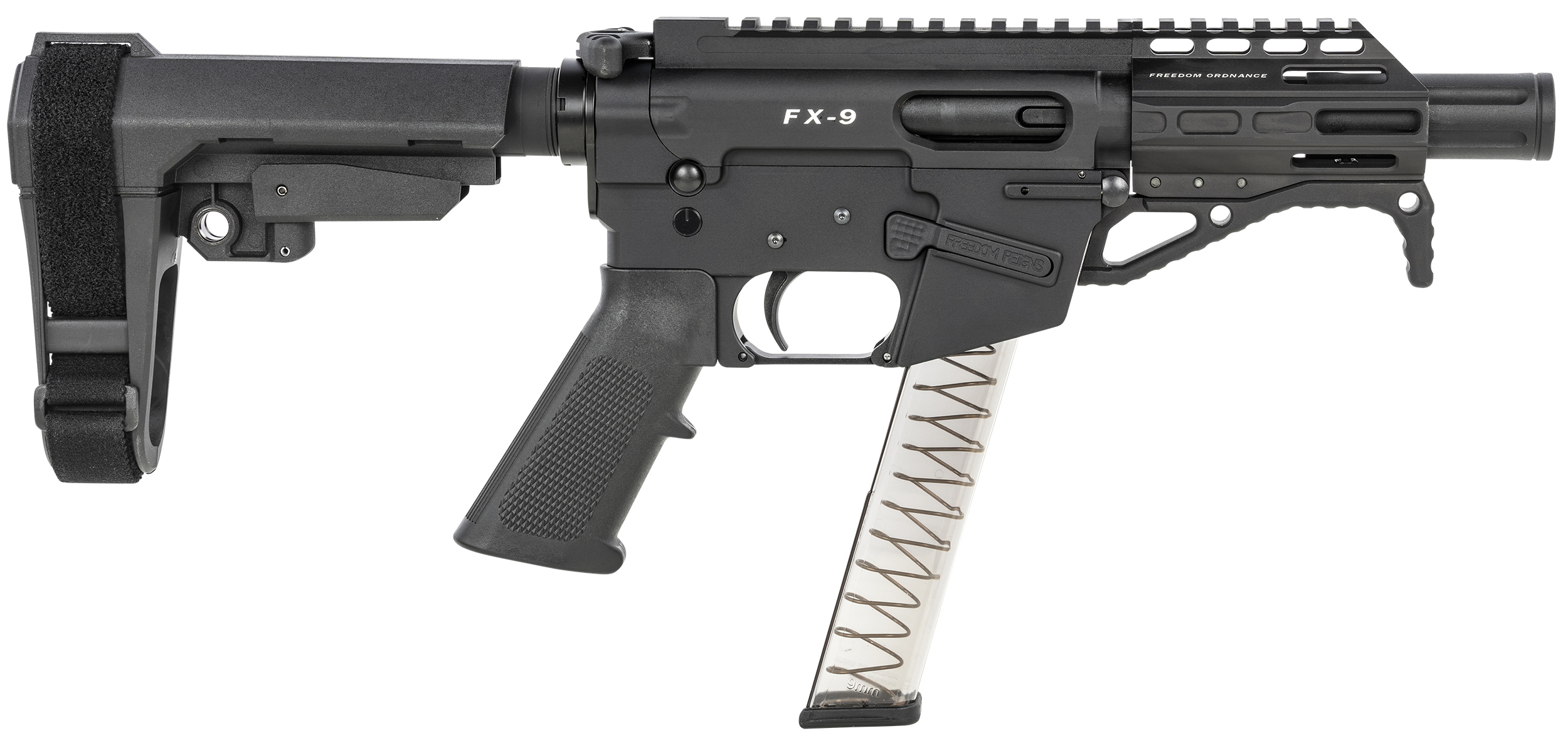 Freedom Ordnance FX9P4S FX-9  9mm Luger 31+1 4" Black Nitride Barrel w/Faux Suppressor, Black Hard Coat Anodized Aluminum Receiver, SB Tactical SBA3 Pistol Brace Stock, Black Polymer Grip