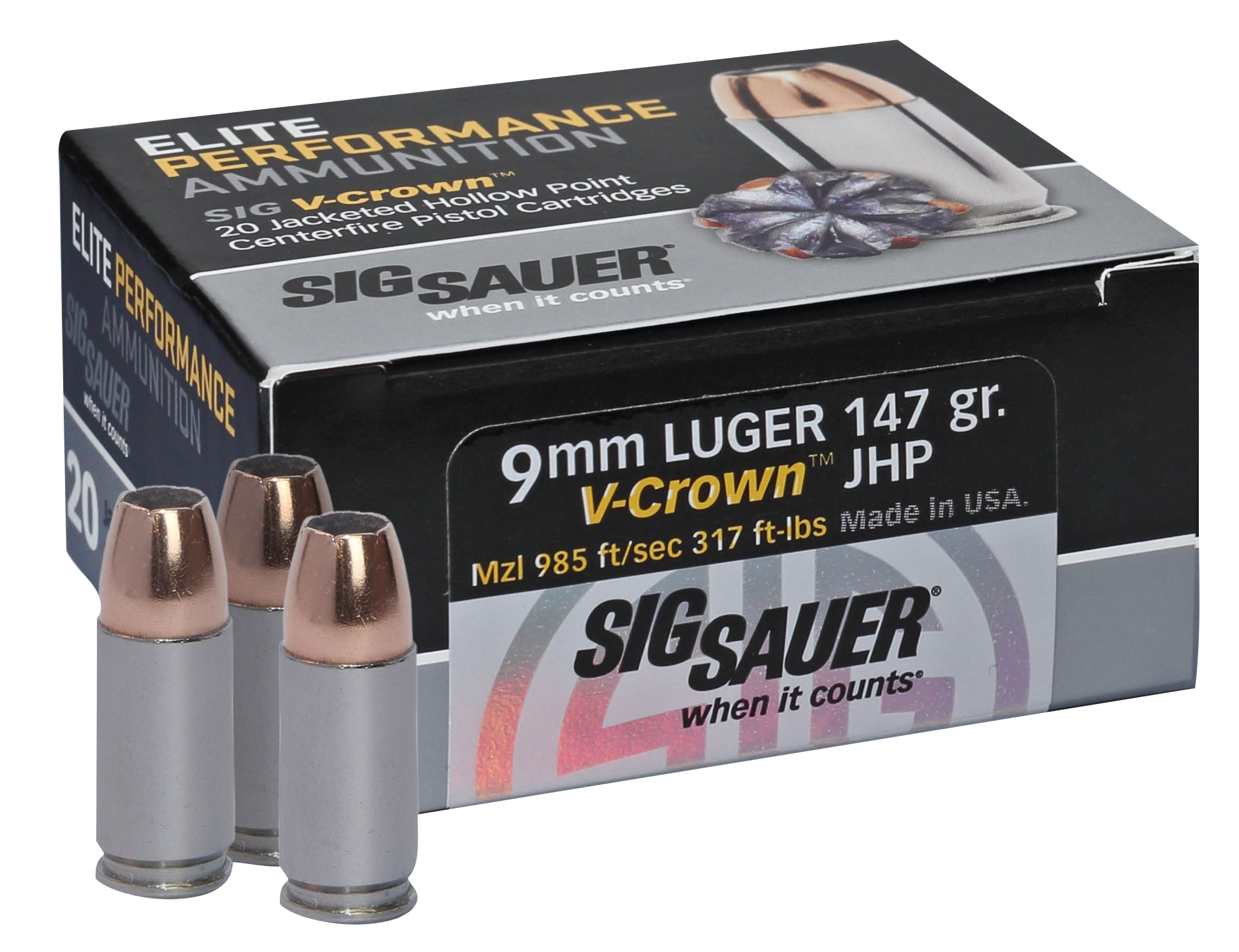 Sig Sauer E9MMA320 Elite Performance  9mmLuger 147gr V-Crown Jacketed Hollow Point 20 Per Box/10 Case