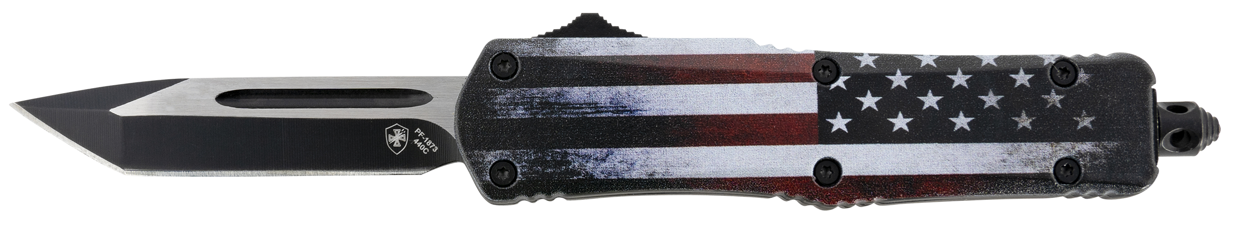 Templar Knife SUS231 Gen II US Flag Small 2.69" OTF Tanto Plain Black Oxide Stonewashed 440C SS Blade, 4.31" US Flag Aluminum Handle, Glass Breaker
