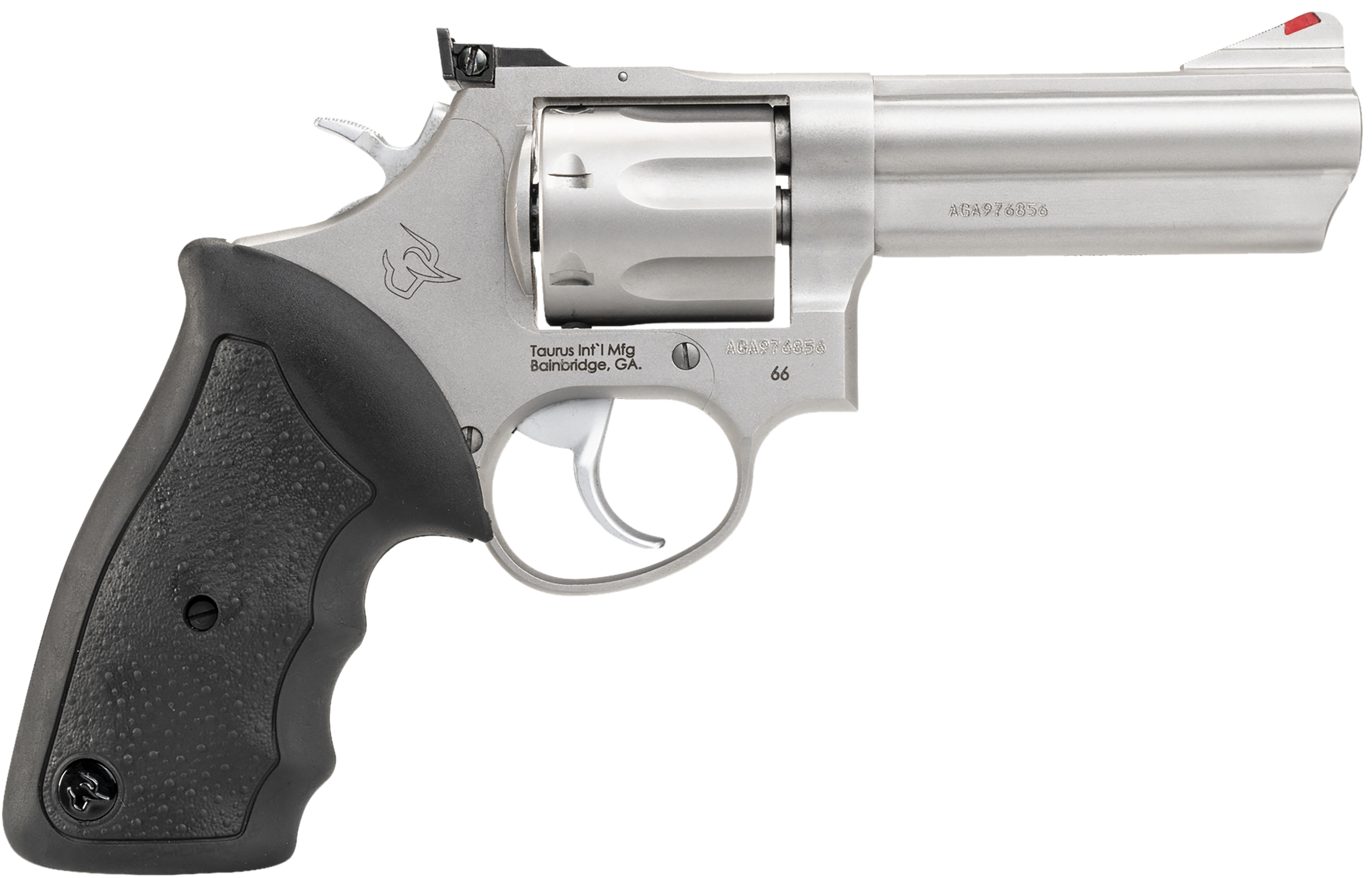 Taurus 2-660049 66 Medium 357 Mag/38 Special +P 7 Shot 4" Matte Stainless Steel Barrel, Cylinder & Frame, Black Finger Grooved Rubber Grip, Transfer Bar Safety, Exposed Hammer