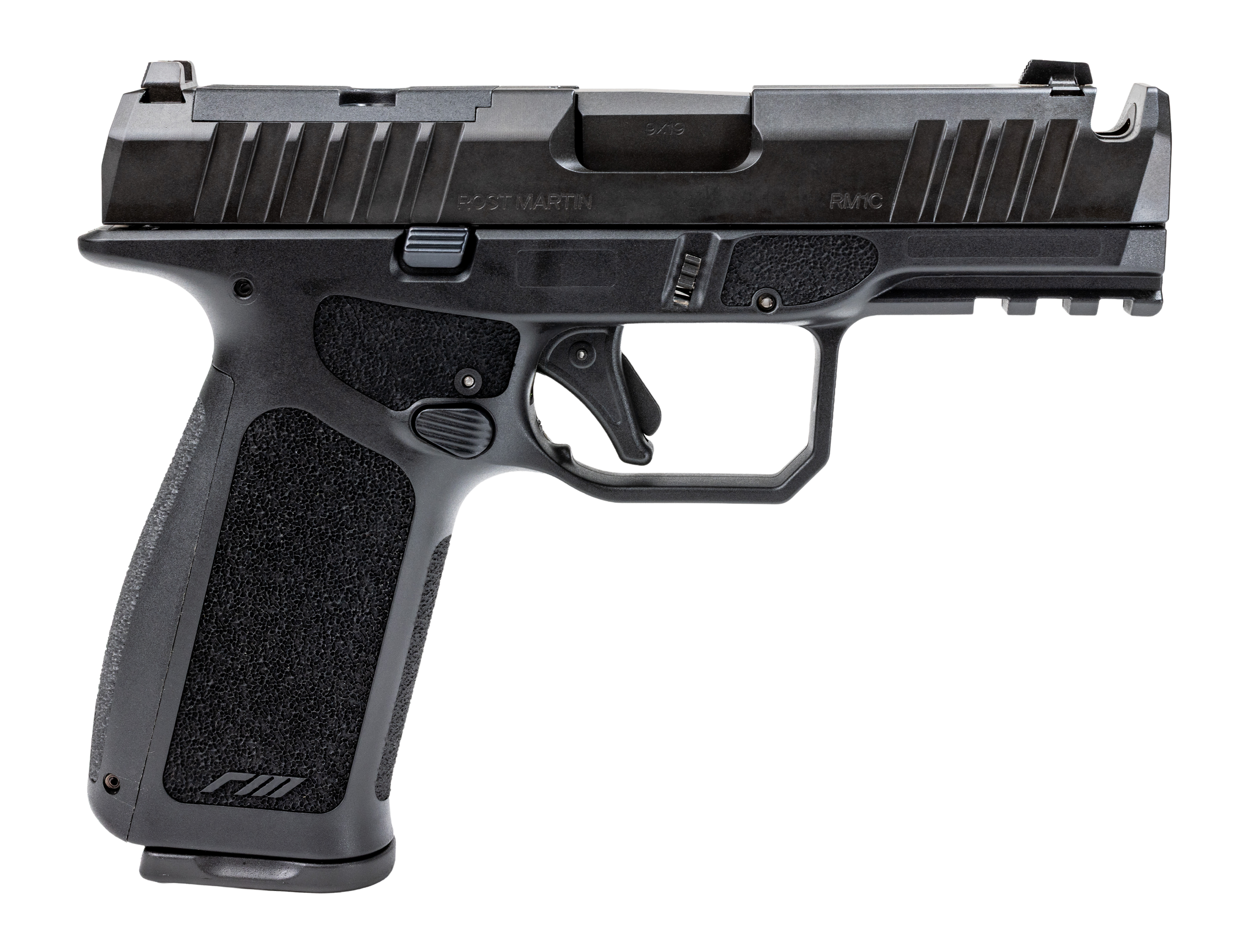 Rost Martin RM1XBC1 RM1X Comp Compact 9mm Luger 10+1 4" Black Compensated Match Grade Barrel, Black Nitrocarburized Optic Ready/Serrated Slide, Black Polymer Frame w/Picatinny Rail, Interchangeable Ba