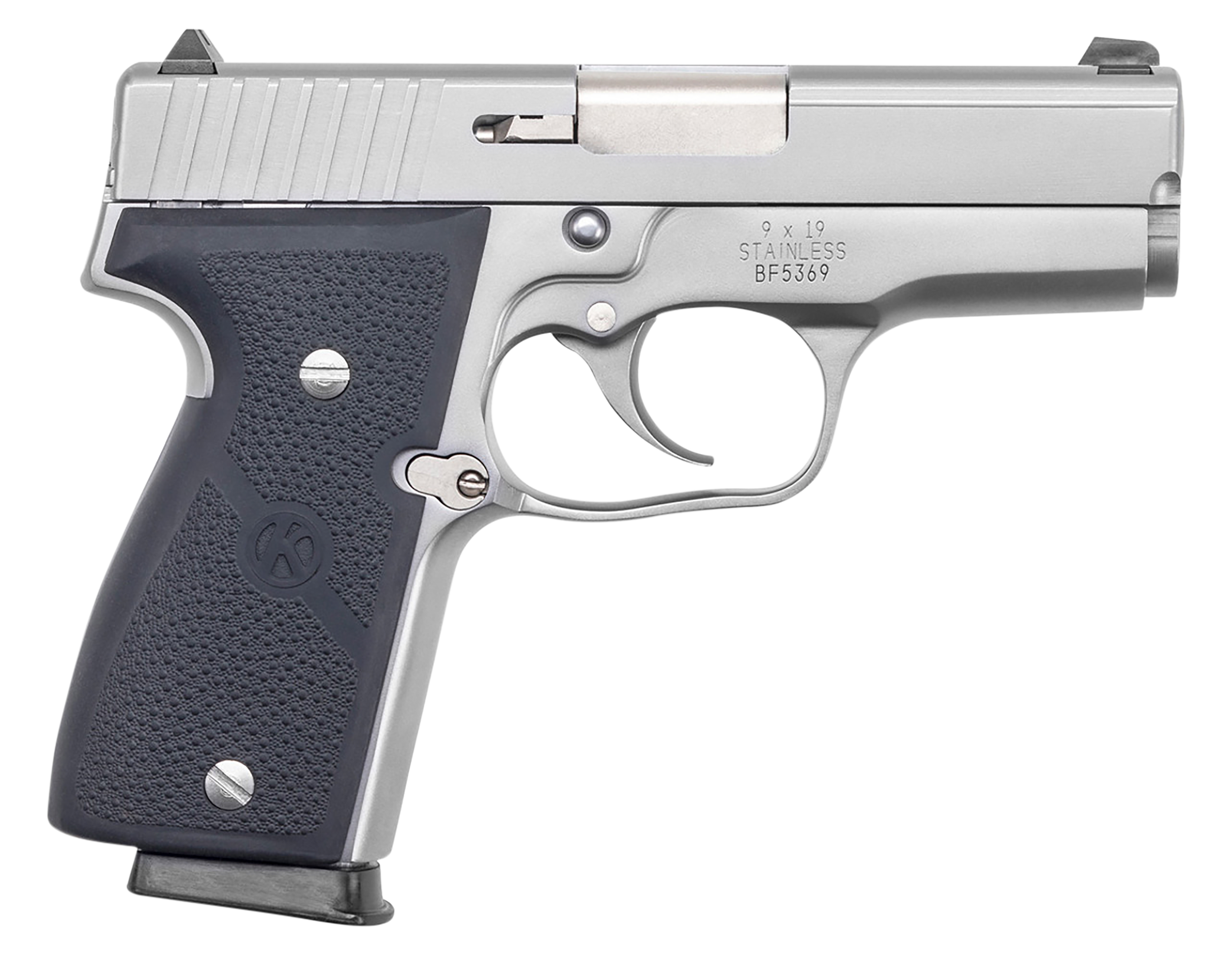 Kahr Arms K9093A K9  9mm Luger 7+1/8+1 3.47" Stainless Polygonal Rifled Barrel, Matte Serrated Stainless Steel Slide, Matte Stainless Steel Frame, Black Textured Wraparound Polymer Grip, Right Hand