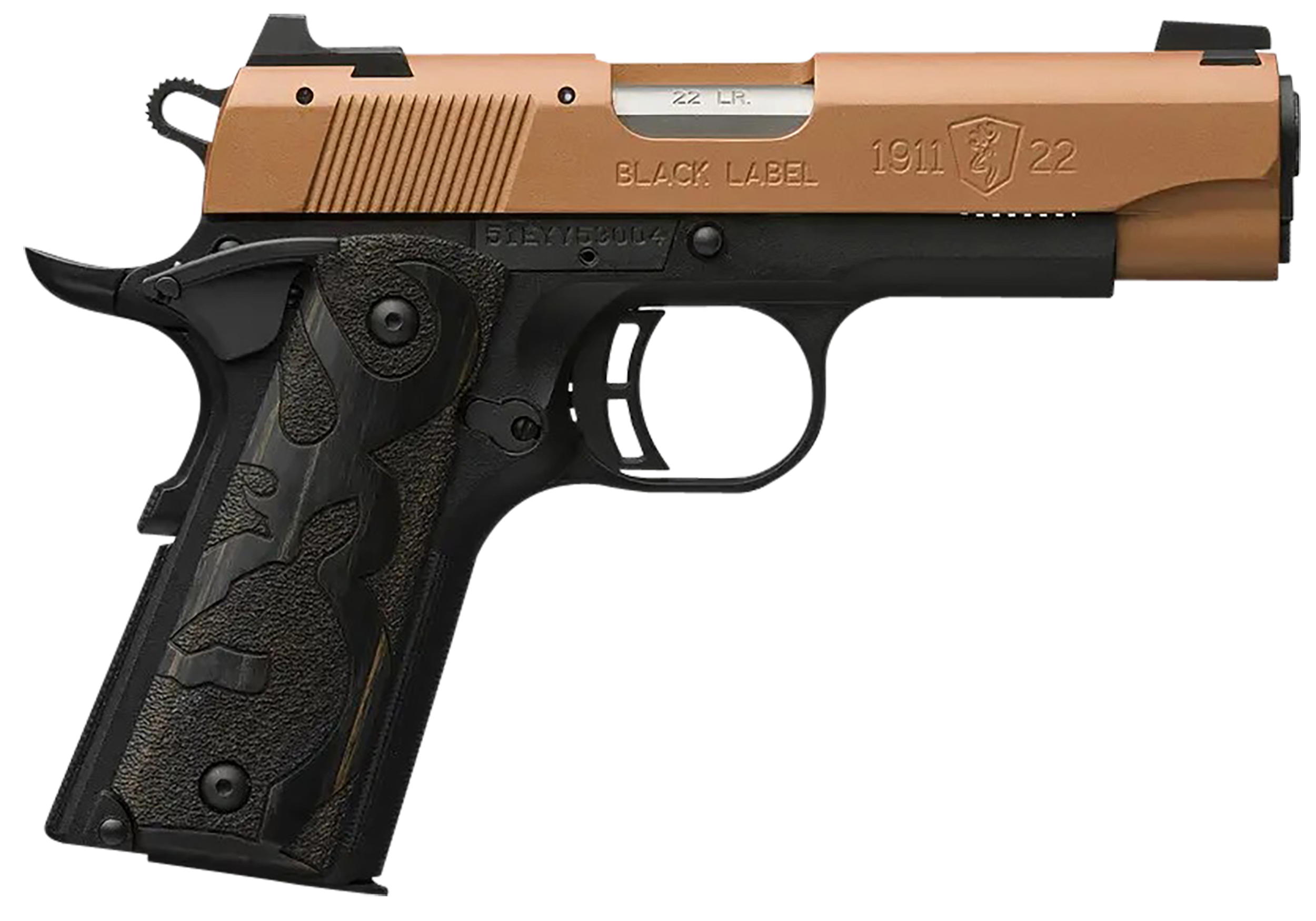 Browning 051896490 1911 Black Label Compact Frame 22 LR 10+1, 3.63" Matte Stainless Steel Barrel, Copper Cerakote Serrated Slide, Matte Black Polymer Frame w/Beavertail, Black Laminate Wood Grip