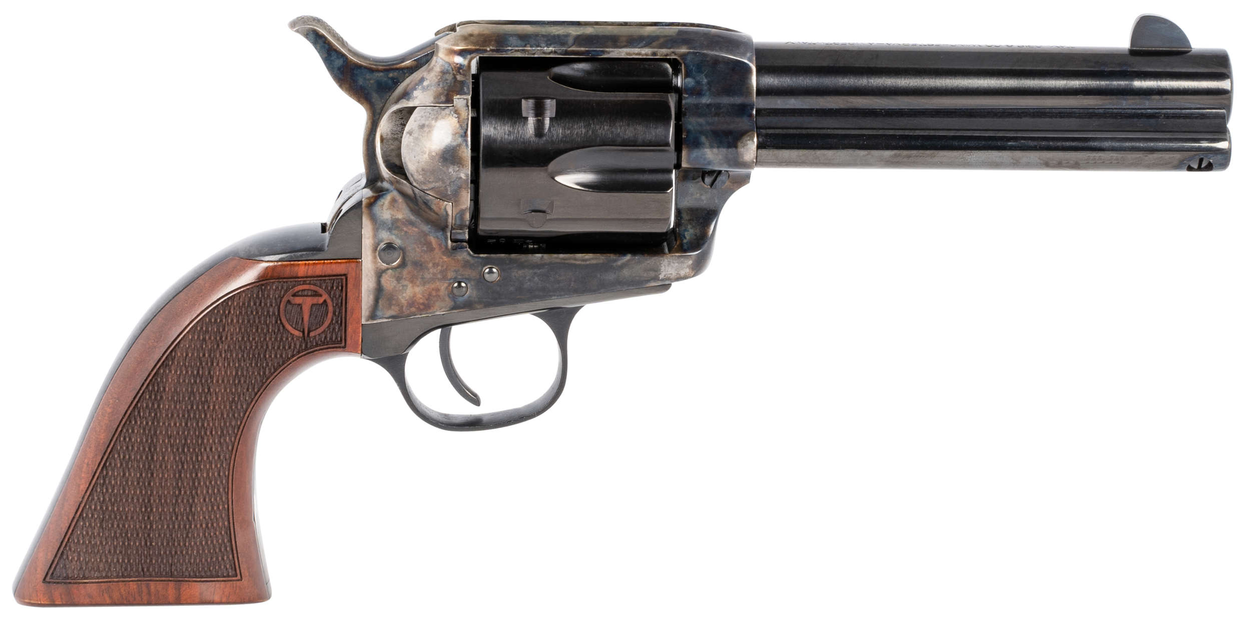 Taylors & Company 550180 Smoke Wagon 357 Mag Caliber with 4.75" Blued Finish Barrel, 6rd Capacity Blued Finish Cylinder, Color Case Hardened Finish Steel Frame & Checkered Walnut Grip