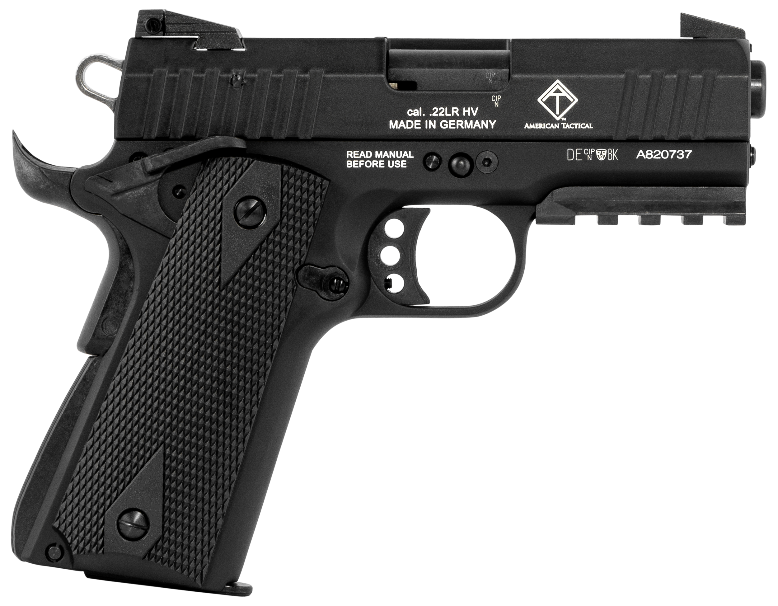 GSG GERG2210GSG9CA 922 *CA Compliant 22 LR 10+1 3.40" All Black Steel Barrel, Serrated Slide, Zinc Alloy w/Picatinny Rail & Beavertail Frame, Black Double Diamond Polymer Grip