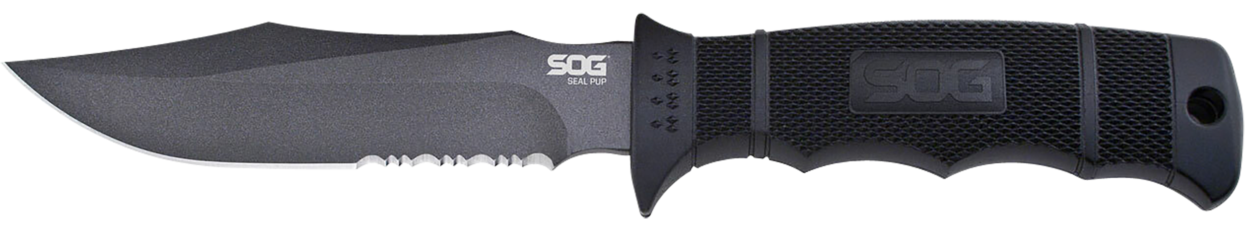 S.O.G SOGM37K Seal Pup  4.75" Fixed Clip Point Part Serrated Powder Coated AUS-8A SS Blade Black w/Raised Diamond Pattern GRN Handle Includes Sheath