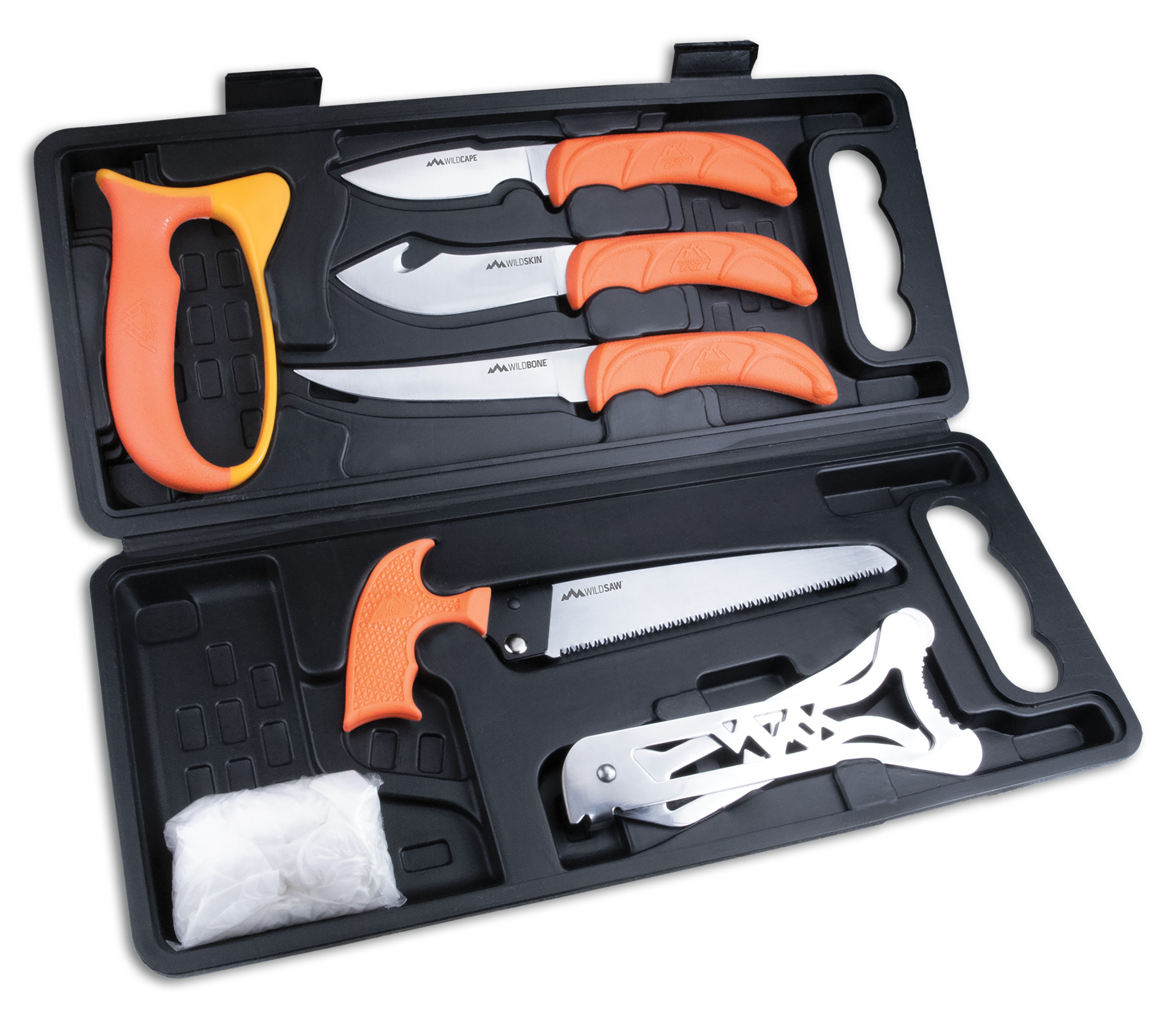 Outdoor Edge WP2 Wild Pak  Multiple Skinner w/Gut Hook/Saw/Caper Plain/Saw 420J2 Stainless Steel Blade FRN Orange Handle