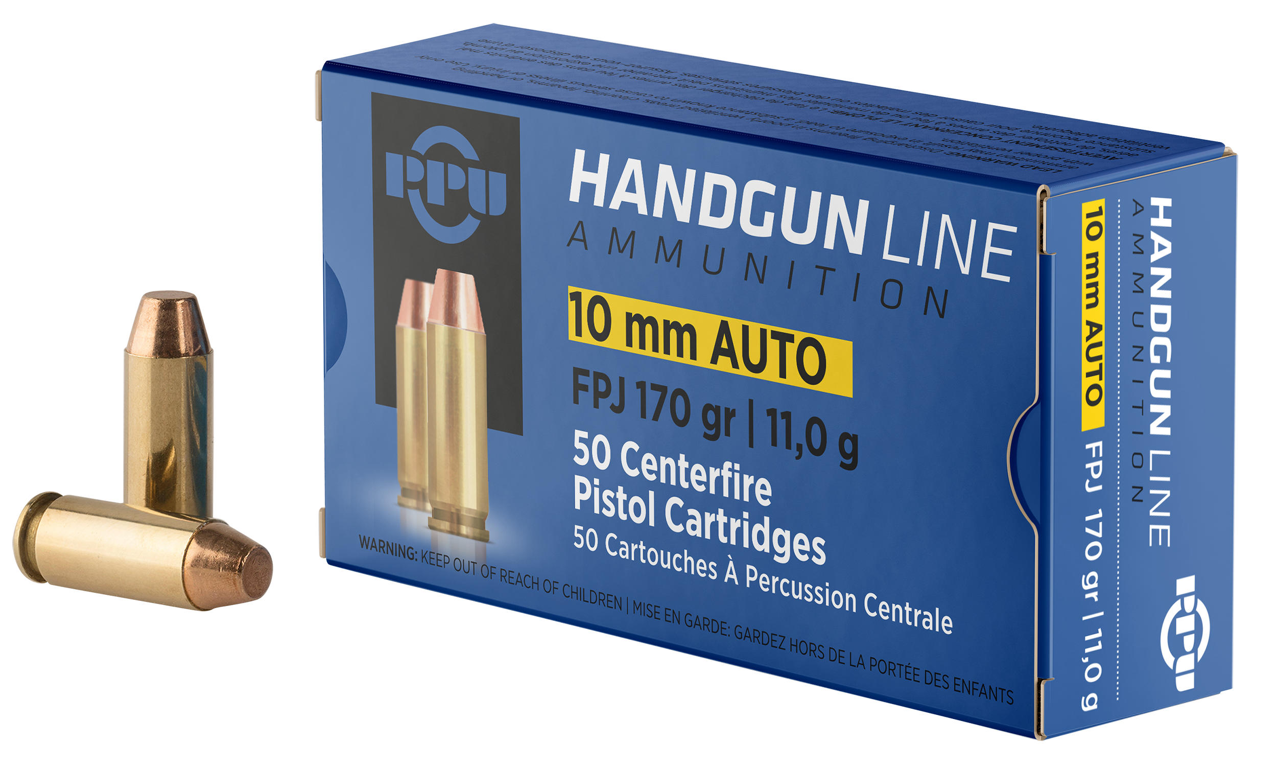 PPU PPH10F Handgun  10mmAuto 170gr Flat Point Jacketed 50 Per Box/10 Case