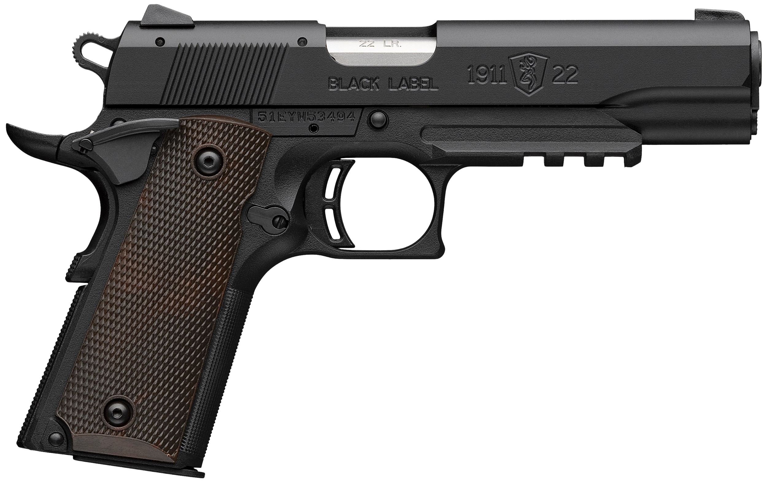 Browning 051065490 1911 Black Label Full Size Frame 22 LR 10+1 4.25" Stainless Steel Barrel, Matte Black Serrated Slide, Matte Black Polymer Frame w/Picatinny Rail, Brown Composite Grip