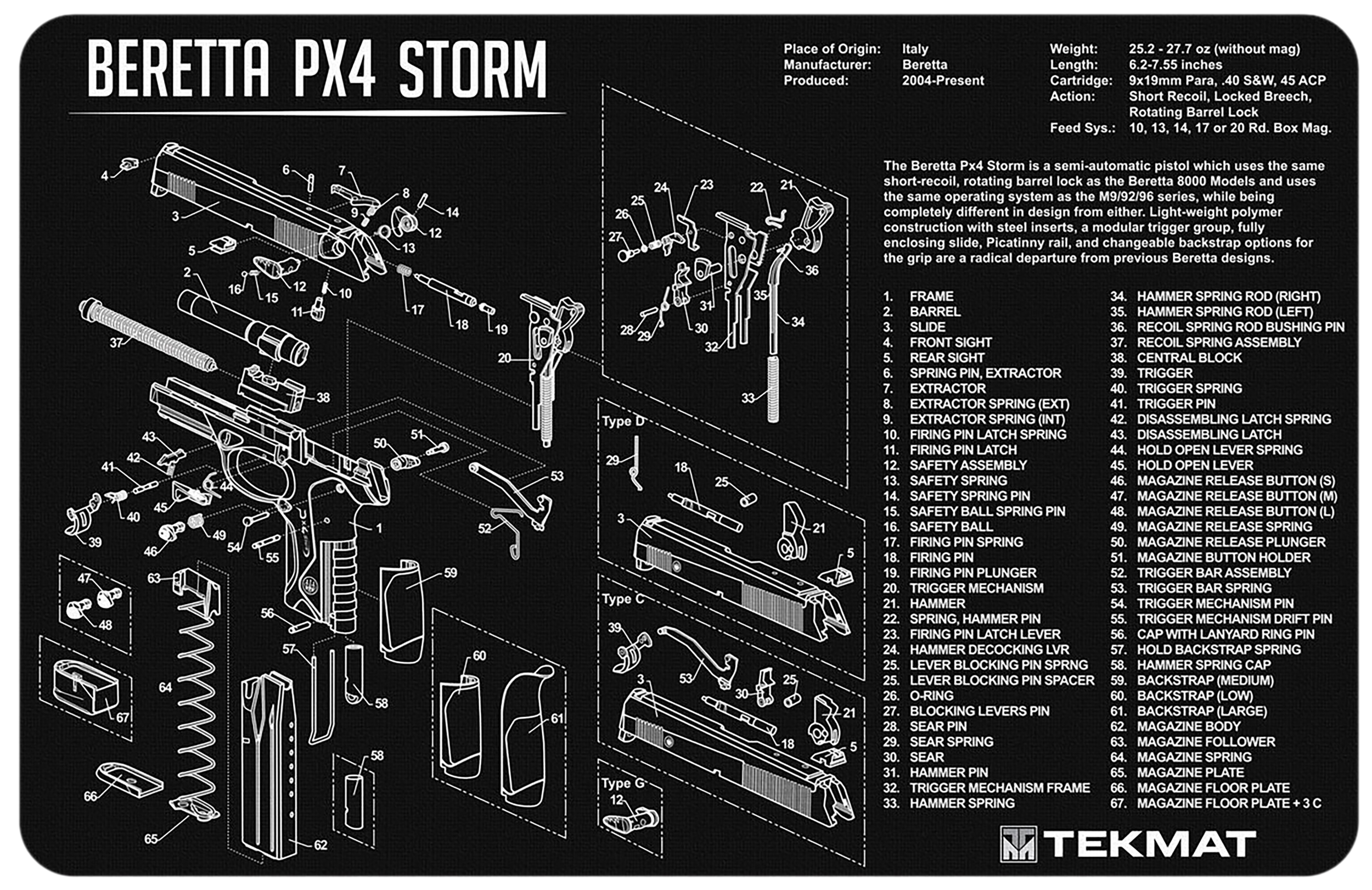 TekMat TEKR17BERPX4 Beretta Px4 Storm Cleaning Mat Black/White Rubber 11"x17" Beretta PX4 Storm Diagram