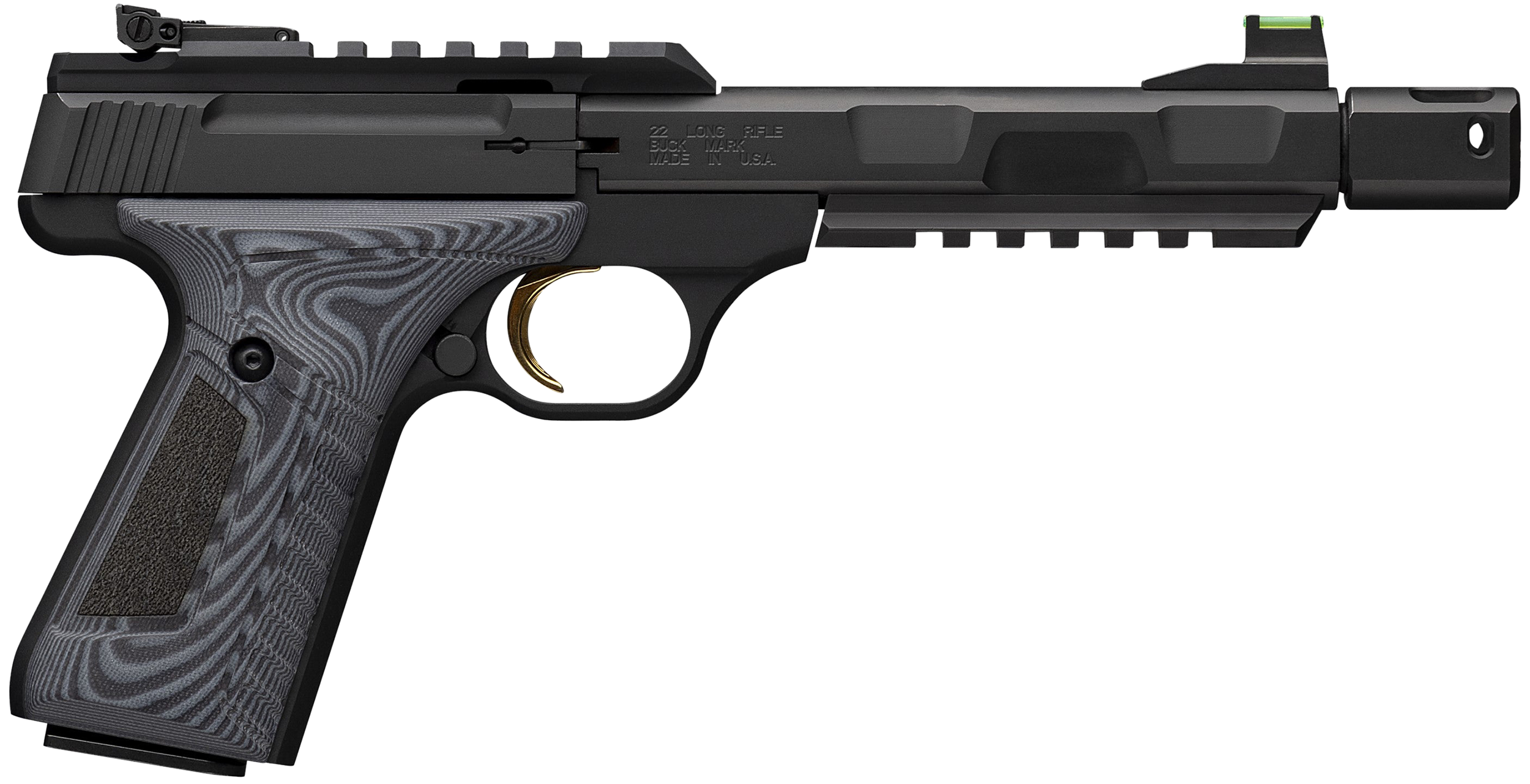 Browning 051598490 Buck Mark Contour Pro 22 LR 10+1 4.40" Black Threaded w/Compensator Barrel, Matte Black Picatinny Rail Receiver, Matte Black Aluminum Frame w/Picatinny Rail, Black/Gray G10 Grip