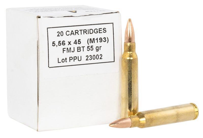 PPU 5.56MM M193 55GR FMJBT 1000 RD CASE 50 20 RD WHT BX'S