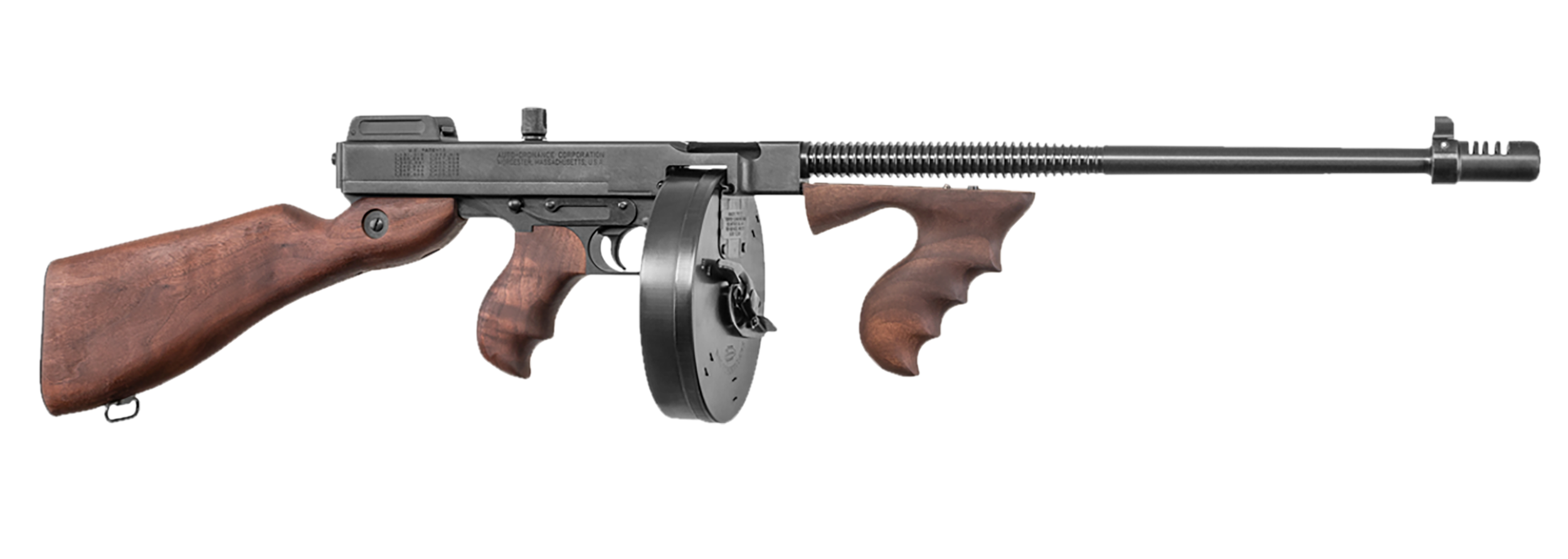 Thompson T150D 1927A-1 Deluxe 45 ACP Caliber with 16.50" Barrel, 20+1 Capacity (Stick), 50+1 Capacity (Drum), Blued Metal Finish, American Walnut Stock Wood Grip Right Hand