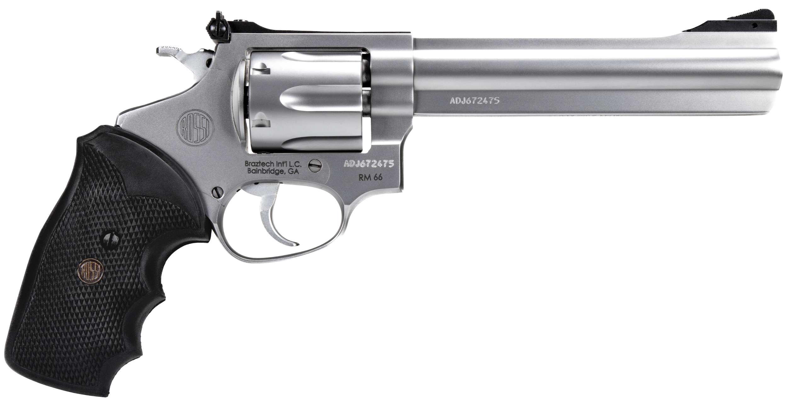 Rossi 2RM669 RM66  357 Mag 6 Shot 6"  Satin Stainless Steel Barrel, Cylinder & Frame Black Checkered Rubber Grip