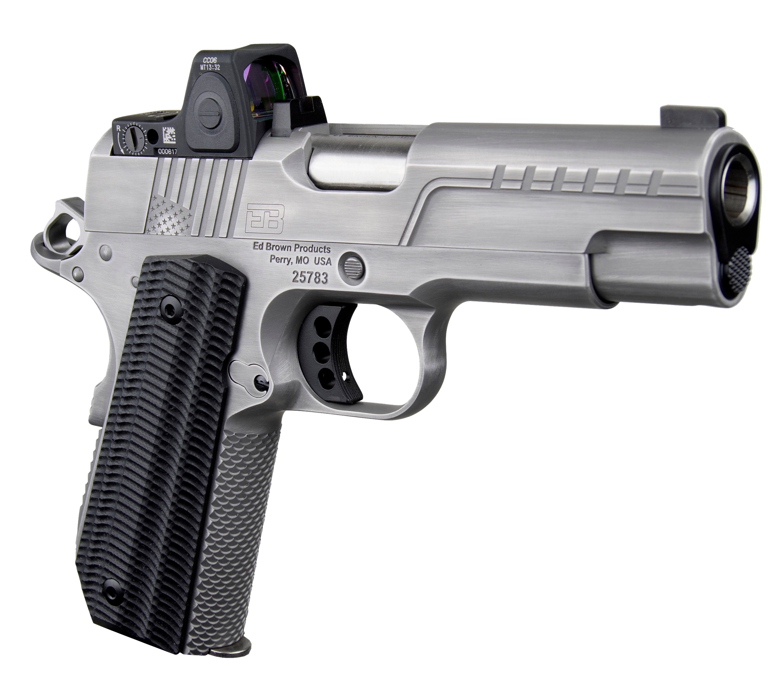 Ed Brown FX2SS FX2  45 ACP 7+1 4.25" Recessed Crown Barrel, Stainless Steel Engraved American Flag/Serrated Slide, Stainless Steel Frame, Trijicon RMRcc 3.25 MOA Sight