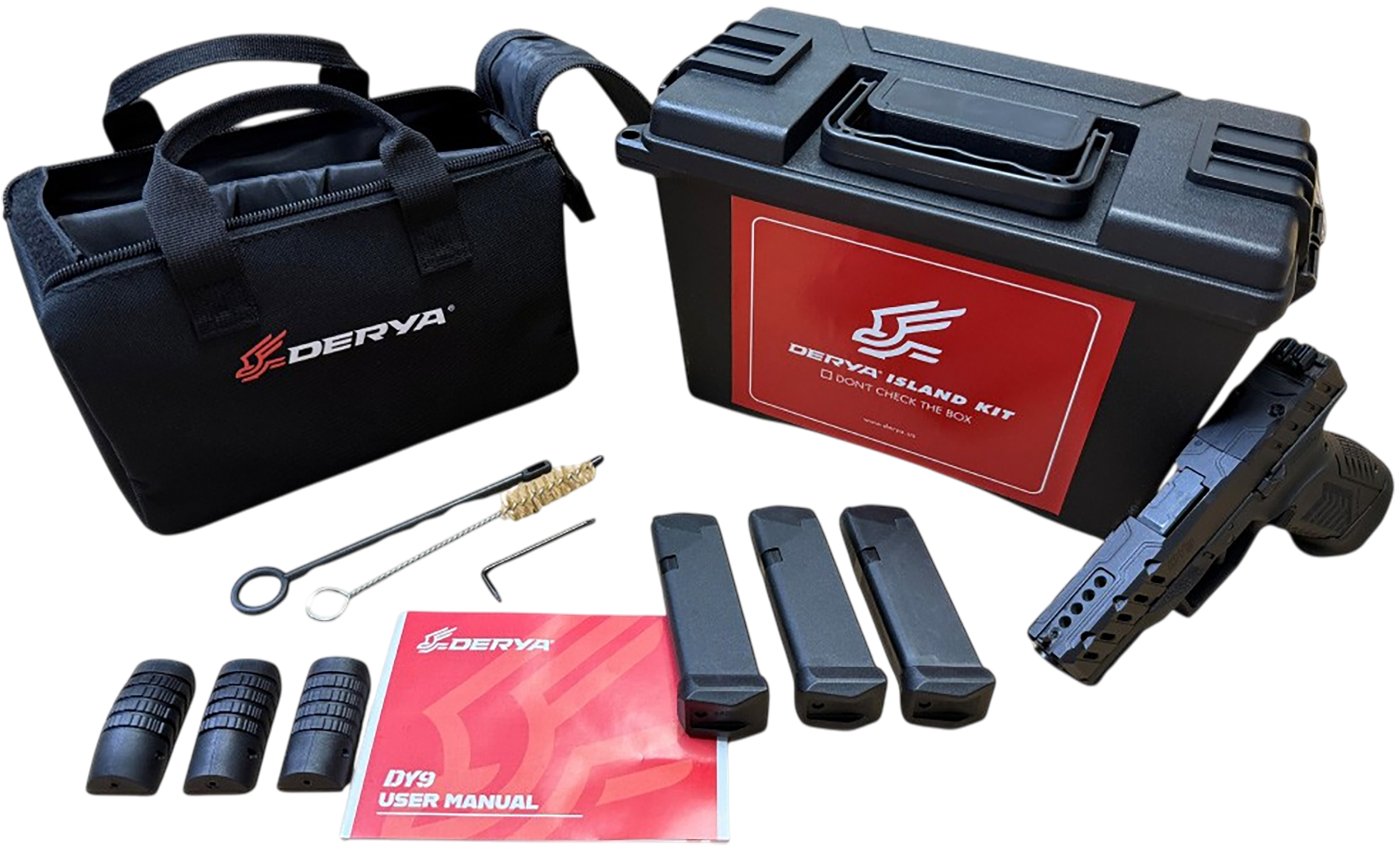 Derya Firearms DY9.ISL.US DY9 Island Kit 9mm Luger 15+1 3.86" Black Melonite Steel Barrel, Black Melonite Steel Optics Ready/Serrated Slide, Black Melonite Polymer Frame, RMR Footprint