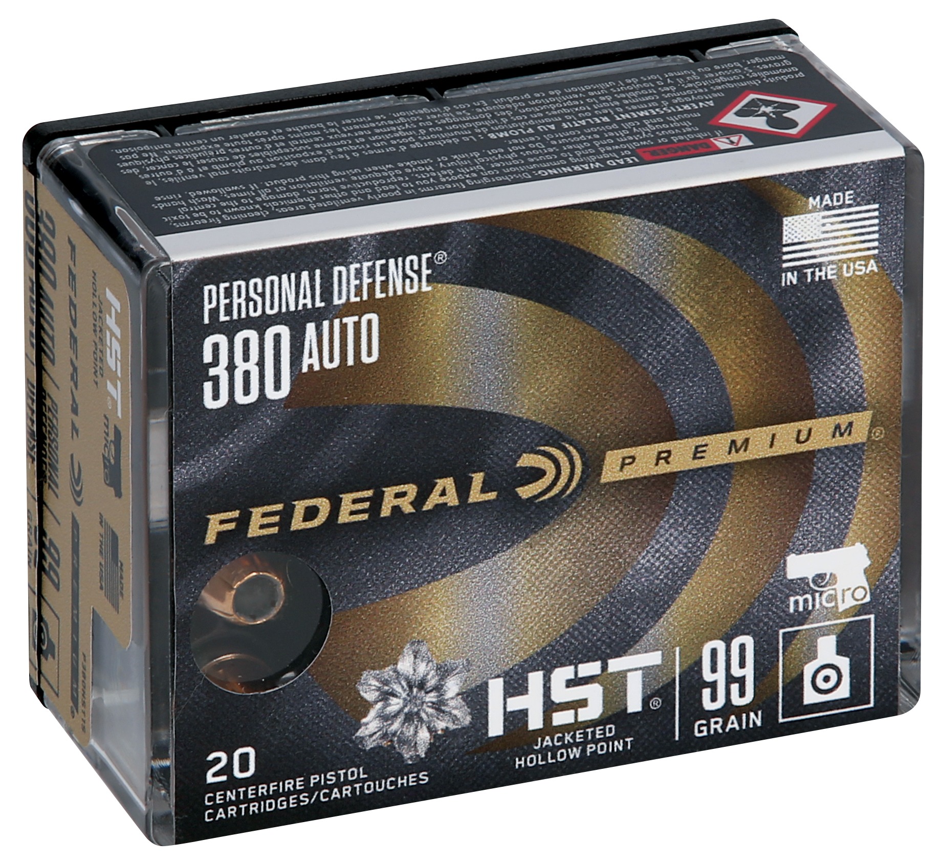Federal P380HST1S Premium Personal Defense Micro 380ACP 99gr HST Jacketed Hollow Point 20 Per Box/10 Case