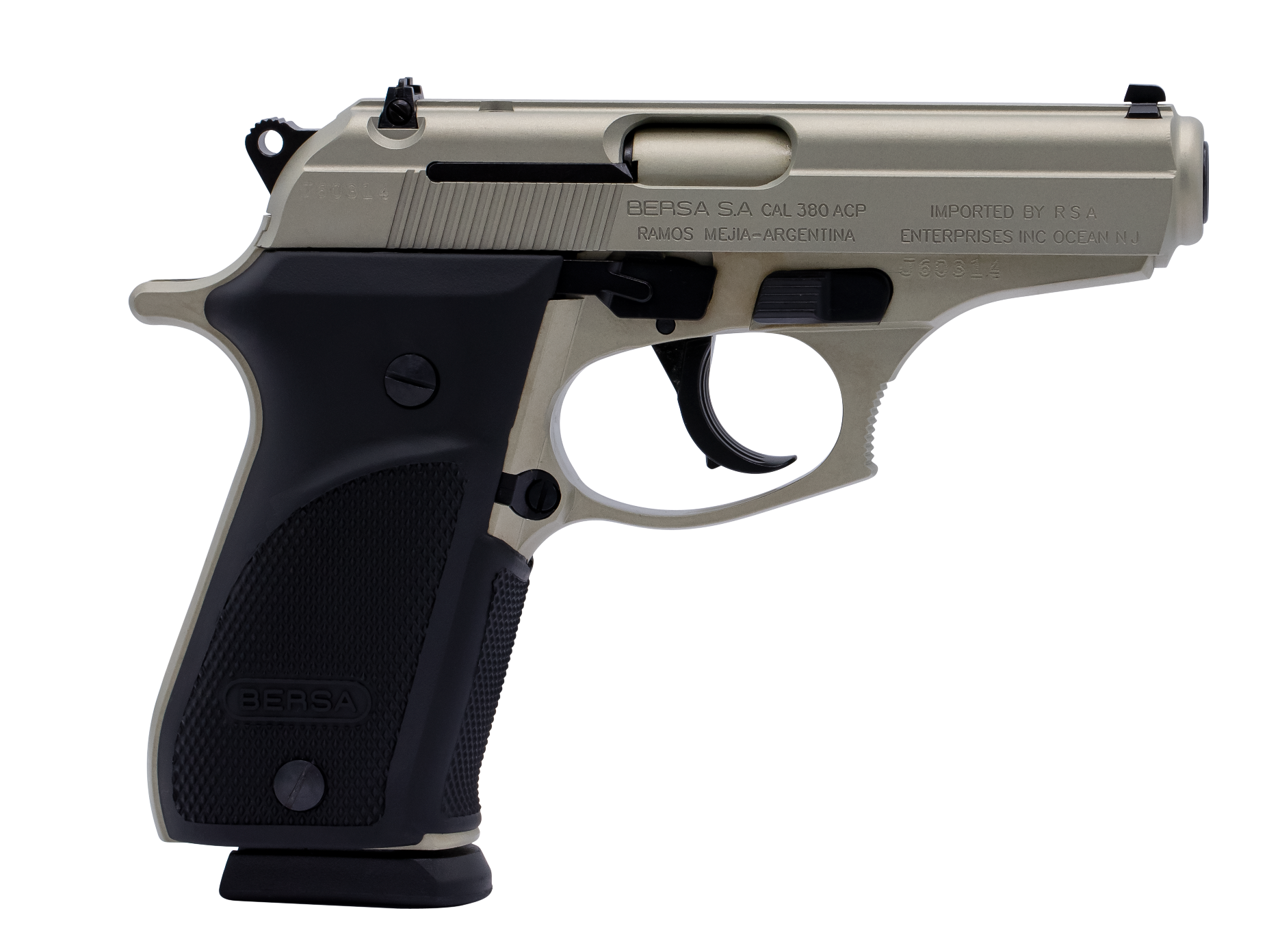 Bersa THUN380PNKL15 Thunder Plus Sub-Compact Frame 380 ACP 15+1, 3.50" Nickel Steel Barrel, Nickel Cerakote Serrated Steel Slide, Nickel Cerakote Aluminum Frame w/Beavertail, Black Rubber Grip