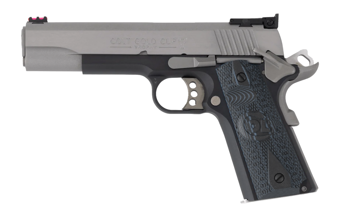 Colt Mfg O5973GCL-TT Gold Cup 38 Super 9+1 5" Stainless National Match Barrel, Brushed Stainless Steel Serrated Slide, Black/Stainless Steel Frame w/Beavertail, Blue Scalloped G10 Grip, Ambidextrous