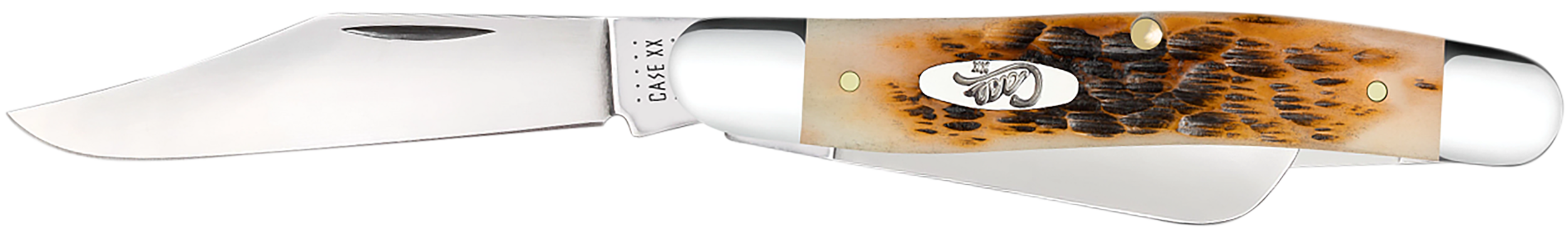 Case 00128 Stockman  Medium 2.92"/2.15"/1.90" Folding Clip/Sheepsfoot/Spey Plain Mirror Polished Tru-Sharp SS Blade/Peach Seed Jigged Amber Bone Handle