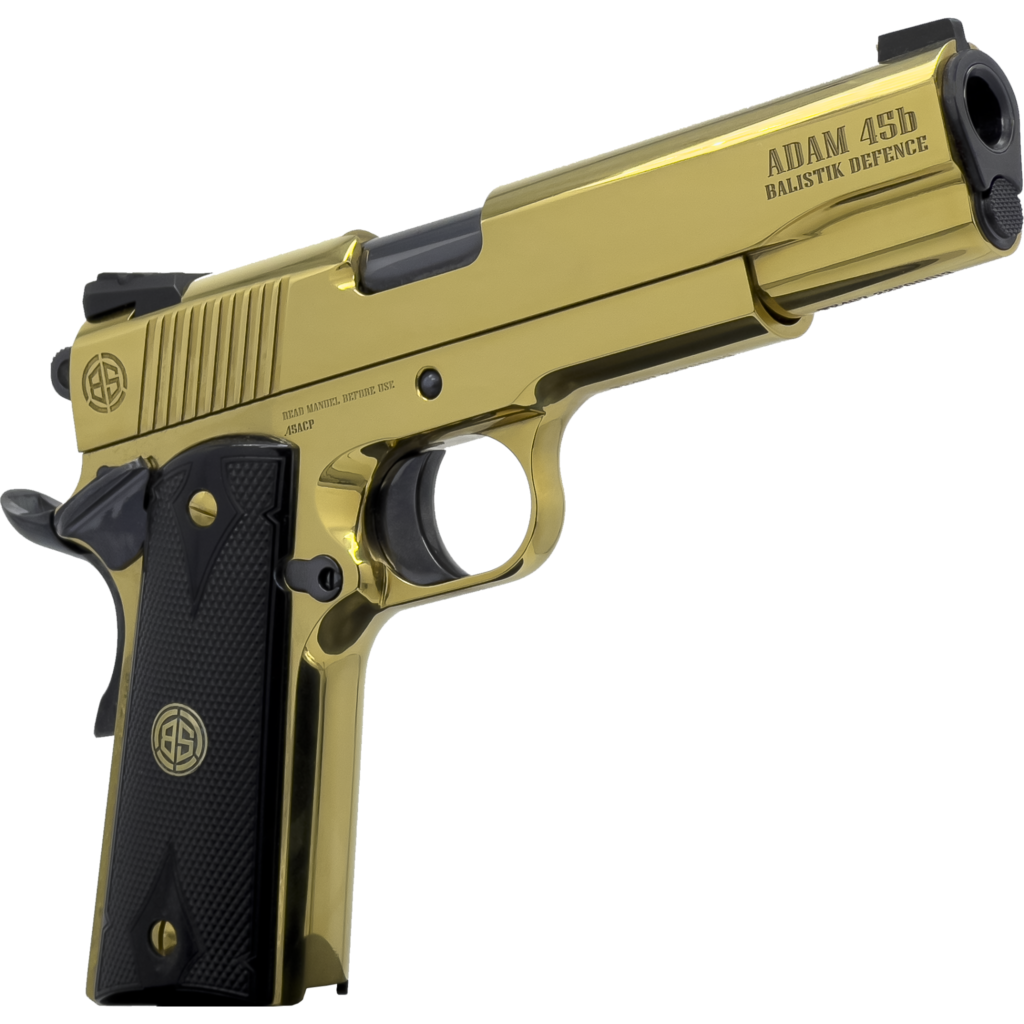 Dickinson LLC DKSN45GB Adam 1911 Golden 45 ACP 8+1 5" Black Barrel, Gold Cerakote Steel B Serrations Slide, Gold Steel Frame w/Beavertail, Black Textured Grip