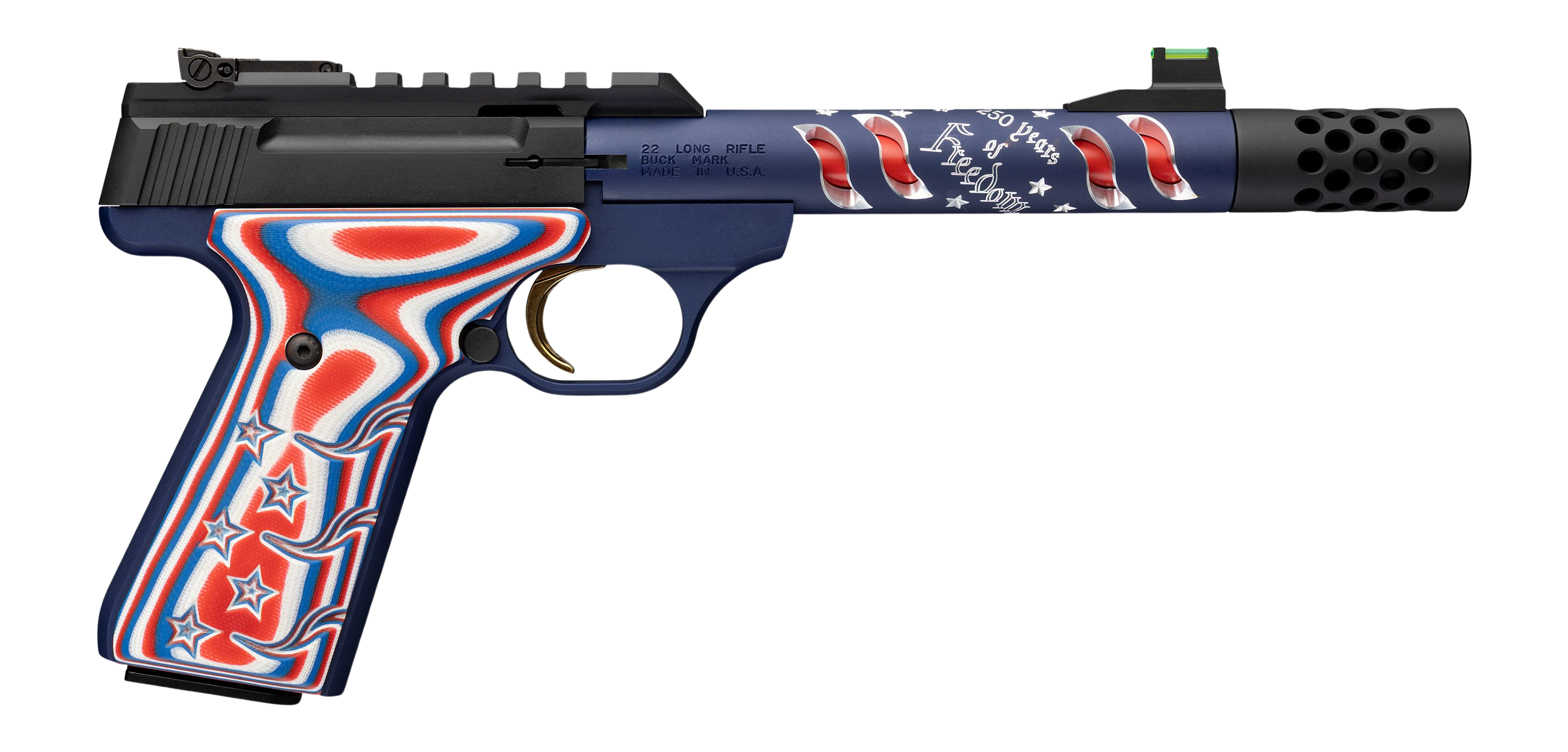 Browning 051615490 Buck Mark Freedom 250 SR 22 LR 10+1 5.90" Waving Flag Threaded Barrel, Blue Anodized Serrated w/Picatinny Rail Aluminum Receiver, Red/White/Blue G10 Grip