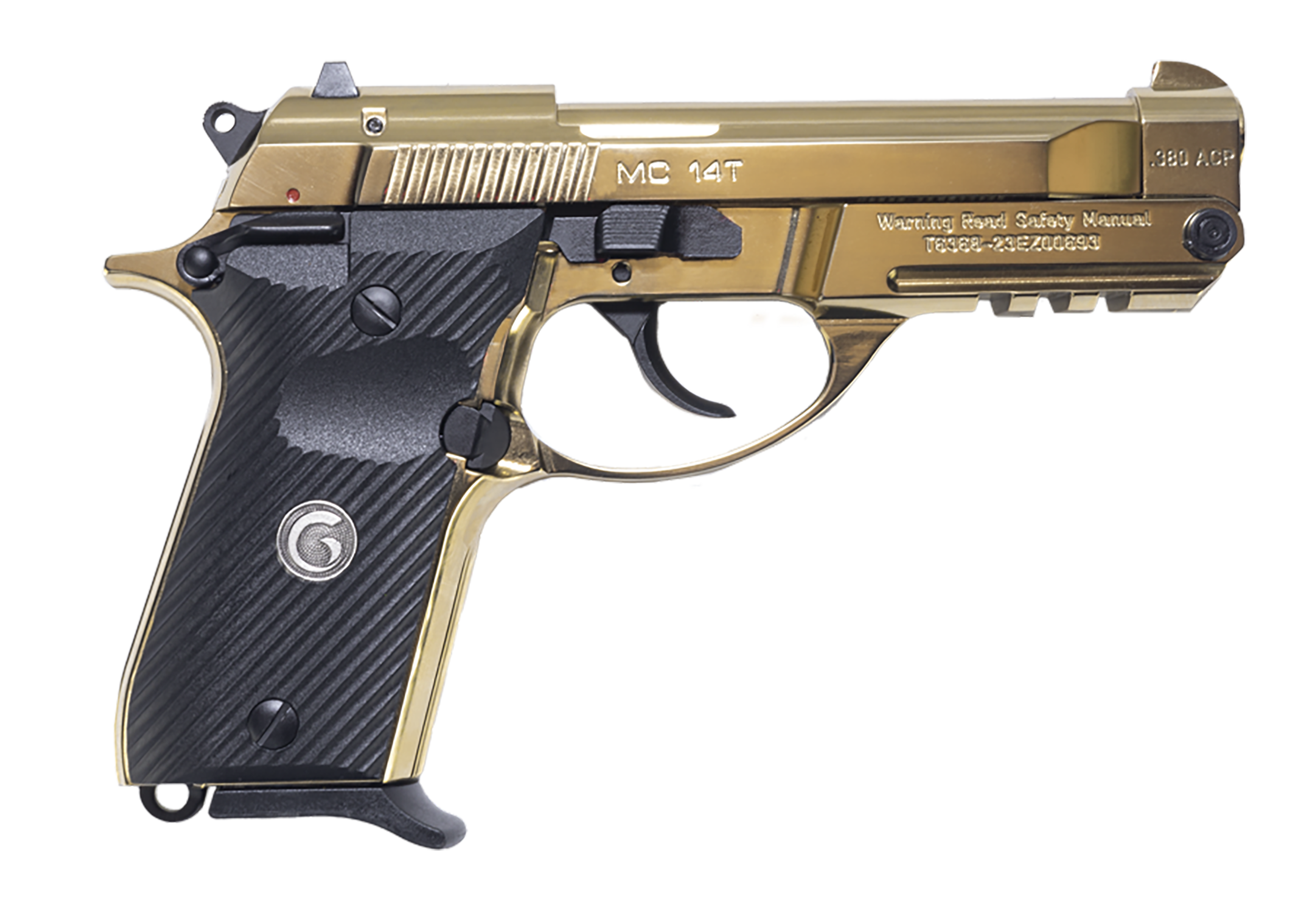 Girsan 390870 MC 14T Solution Compact Frame 380 ACP 13+1 4.50" Gold Plated PVD Steel Tip-Up Barrel, Gold Plated Serrated Steel Slide, Gold Plated Aluminum Frame w/Picatinny Rail, Black Polymer Grip