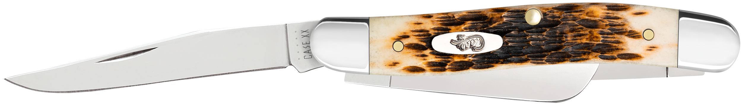 Case 00042 Stockman  Medium 2.57"/1.88"/1.71" Folding Clip Point/Sheepsfoot/Spey Plain Mirror Polished Tru-Sharp SS Blade Peach Seed Jigged Amber Bone Handle