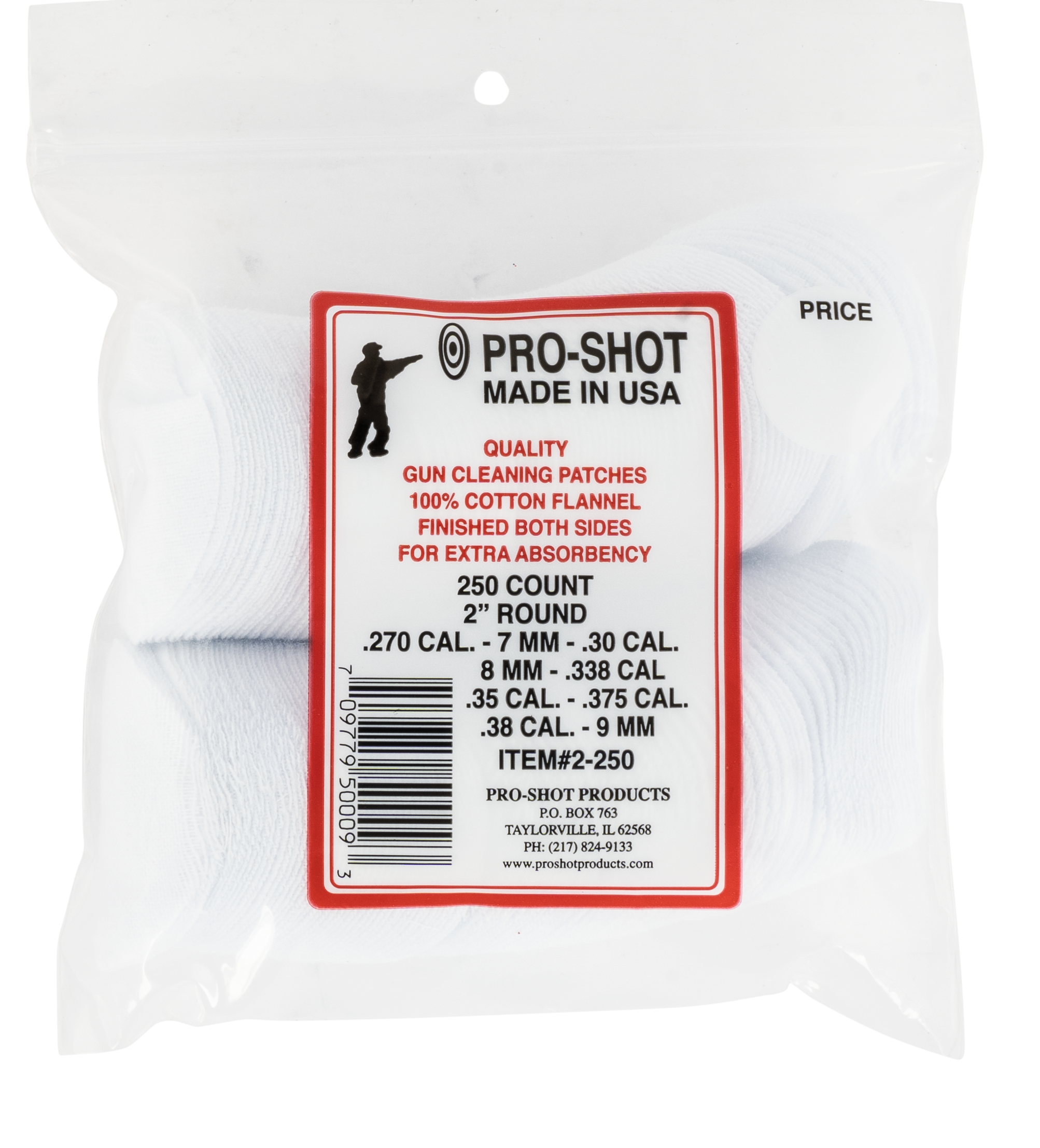 Pro-Shot 2250 Cleaning Patches  .270 - .38 Cal 2" Round Cotton Flannel 250 Pack