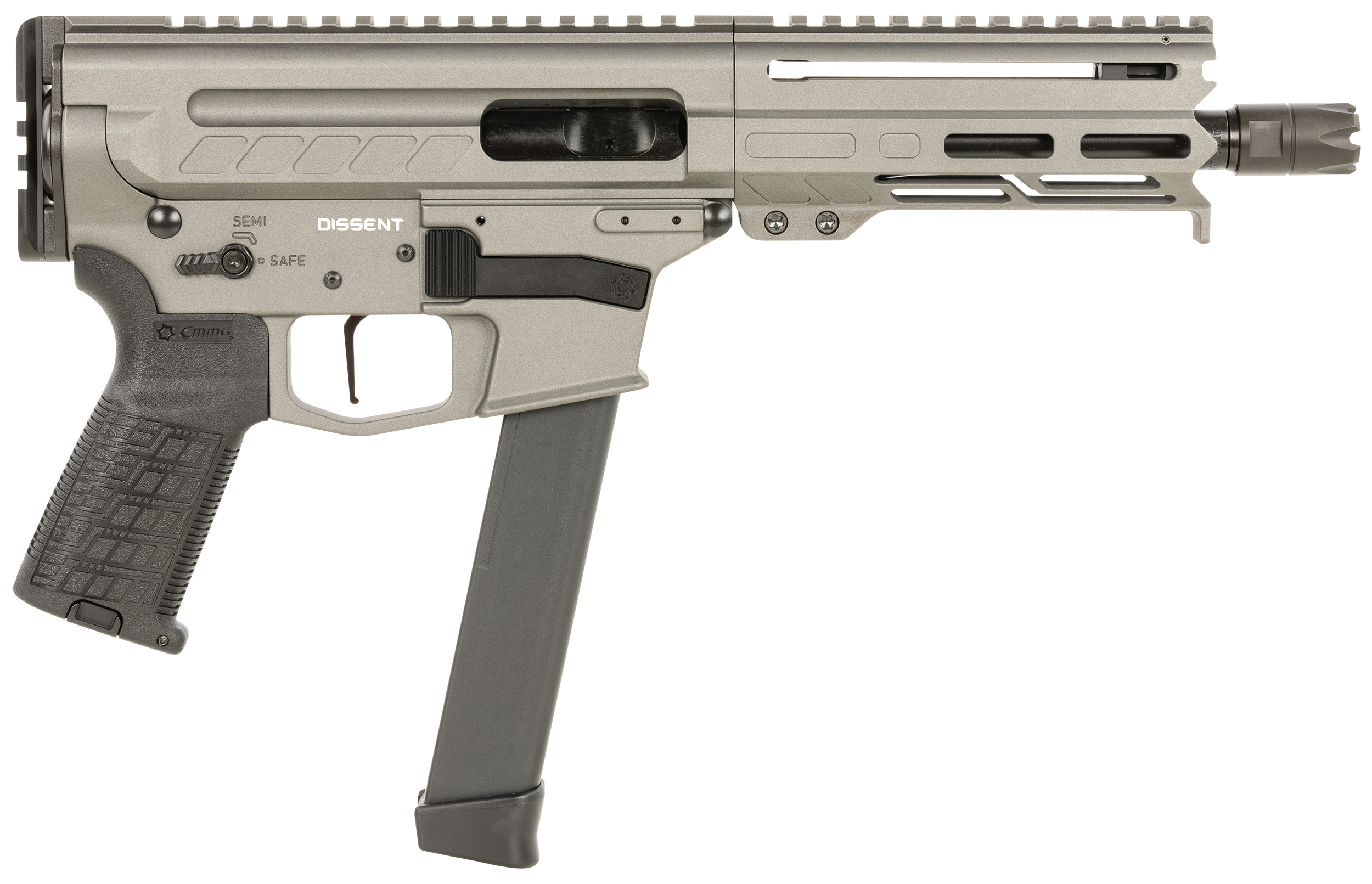 CMMG 99A68A2TNG Dissent MKGS 9mm Luger 33+1 6.50", Tungsten Gray Rec, Picatinny Brace Adapter, 5.50" M-LOK Handguard, Left Side Charging Handle, Zeroed Linear Comp, TriggerTech Trigger