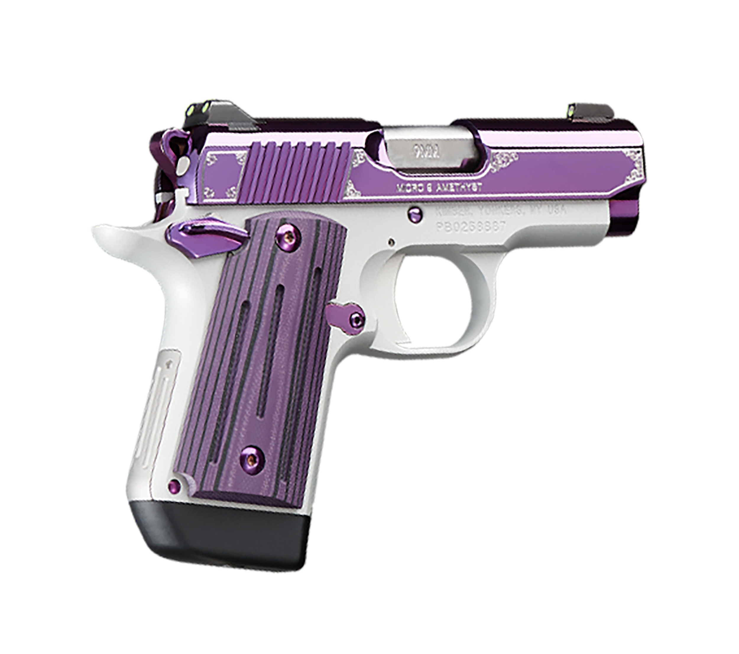Kimber Mfg, Inc 3300214 Micro 9  9mm Luger 7+1 3.15" Stainless Ramped Steel Barrel, Purple PVD w/Border Engraving Stainless Steel Serrated Slide, Kimpro II Silver Aluminum Frame, Black/Purple G10 Grip