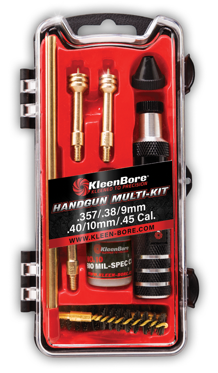 KleenBore HMK3845 Multi-Pistol Kit .38/ .40/ .45/ 9mm/ 10mm Handgun Black/Red
