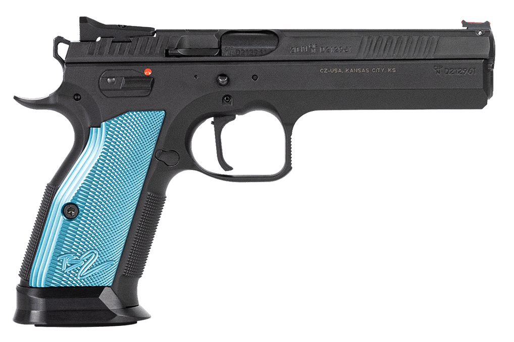 CZ-USA 91222 TS 2 40 S&W 17+1 5.28" Black Steel Barrel, Black Serrated Steel Slide, Black Polycoat Steel Frame w/Beavertail, Blue Checkered Aluminum Grip, Ambidextrous